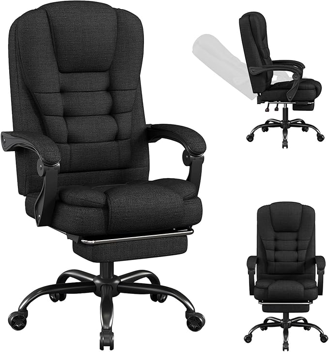 Fabric Office Task Chair- Computer Ergonomic Desk Chair- High Back Executive Chairs Height Adjustable with Footrest Lumbar, 360° Swivel Gaming Office Desk Chair with Flip-up Armrest for Adult, Black