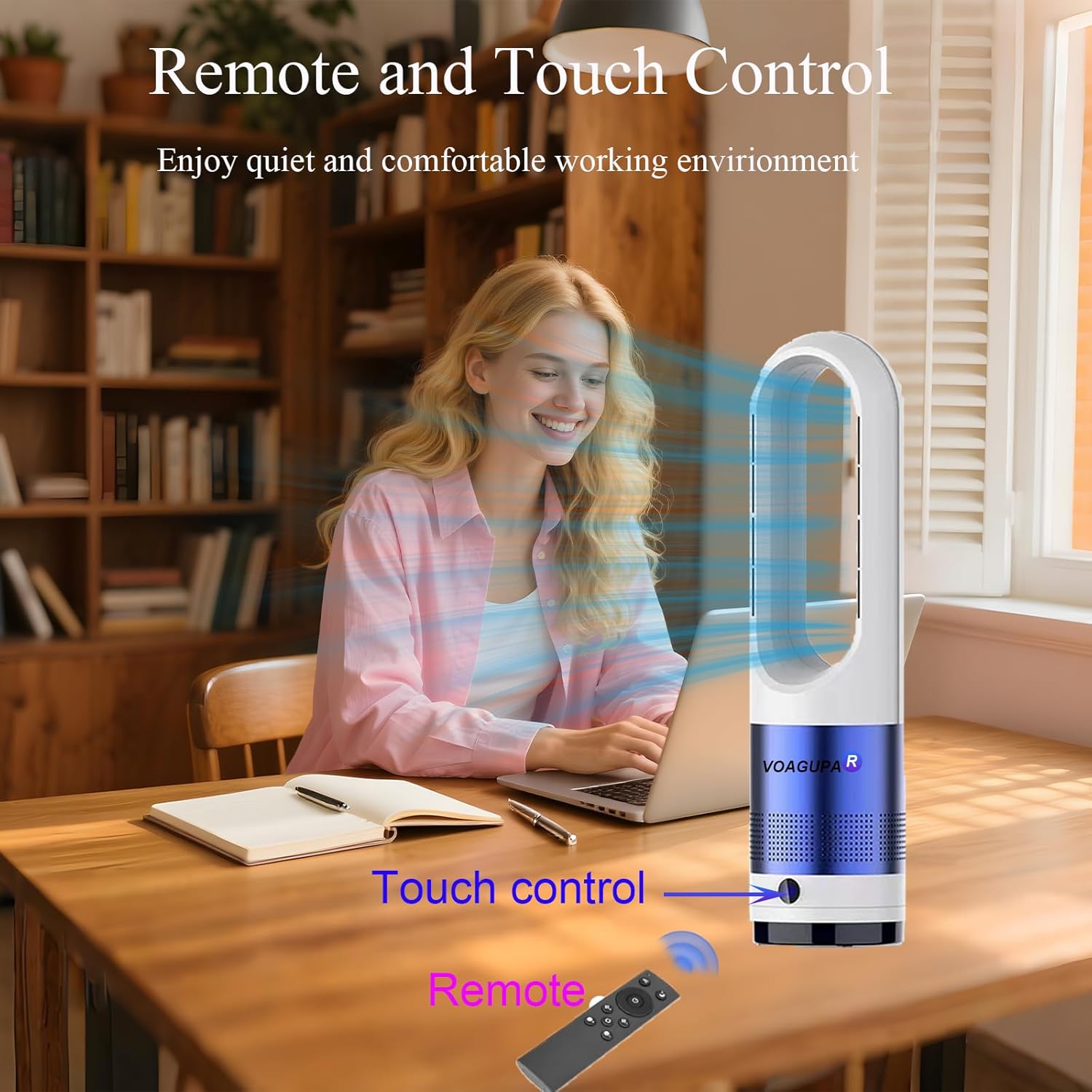 Bladeless Heater and Fan Combo, 1400 Watt Heater Fan and 40 Watt Cold Fan, 80° Oscillating Fan, All the Season Use, Remote and Touch Control, Floor Tower fan, Office Room, Bedroom, Blue White