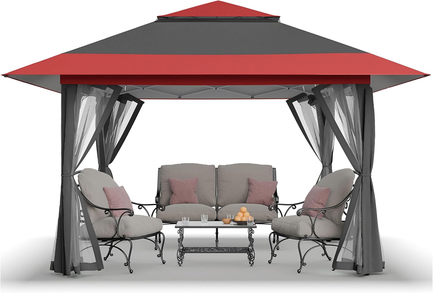 CROWN SHADES 13×13 Pop Up Gazebo, Canopy Tent, Gazebos on Clearance – Outdoor Gazebo for Backyard & Patio Furniture – Carpa Pop Up Tent with Wheeled STO-N-Go Cover Bag (Red & Grey)