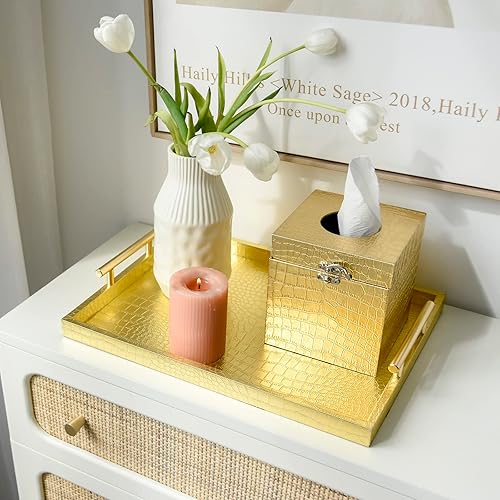 Miniatura 3 de JUMBO HUMBLE Moderna y elegante bandeja grande de madera para servir juego de 2 piezas de piel de cocodrilo dorado con asas de metal pulido dorado