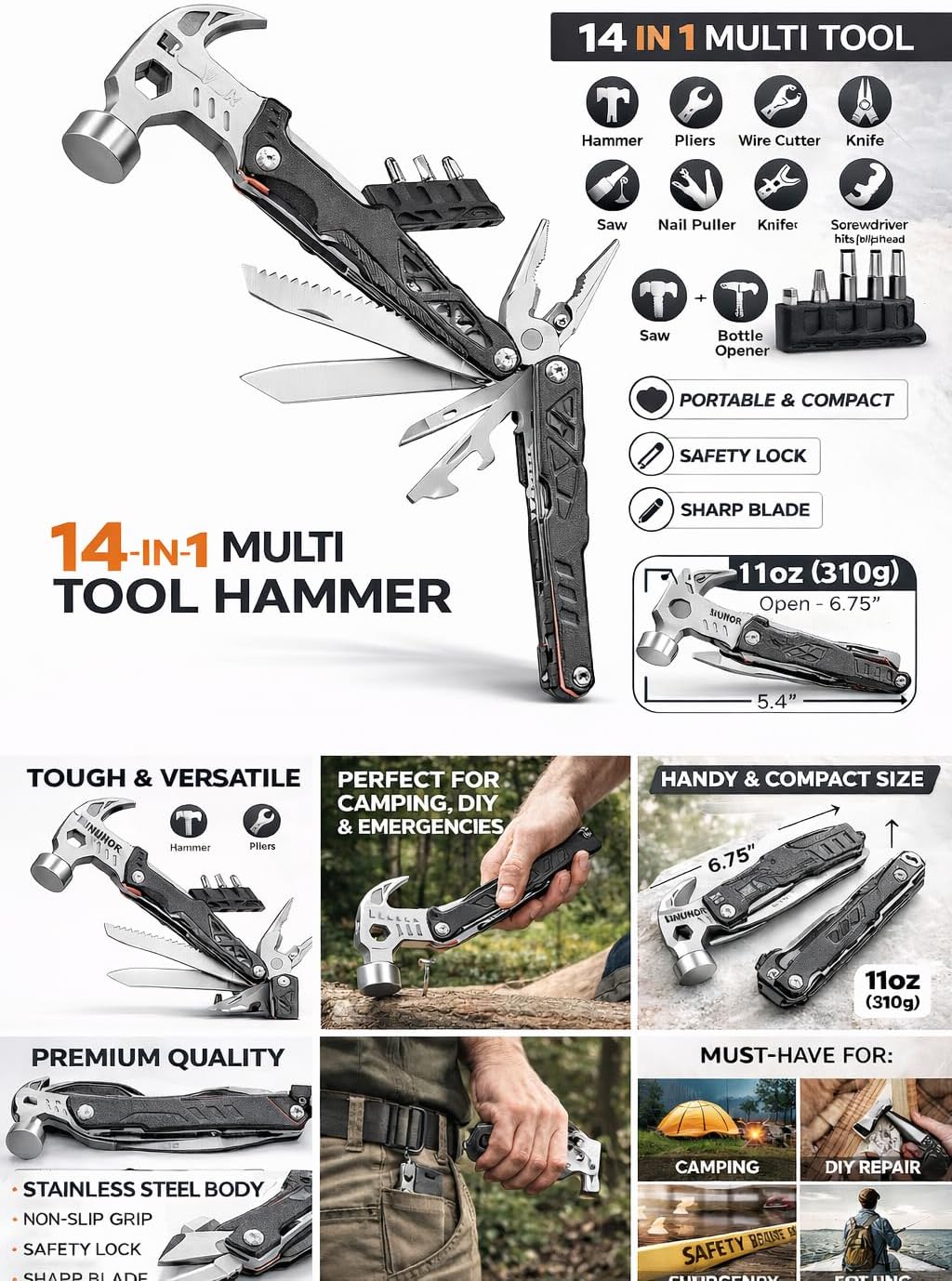 14-in-1 Multitool Hammer, Heavy Duty Stainless Steel Survival Tool with Pliers, Knife, Screwdrivers & Bottle Opener – Portable Compact Camping, Emergency & DIY Repair Tool