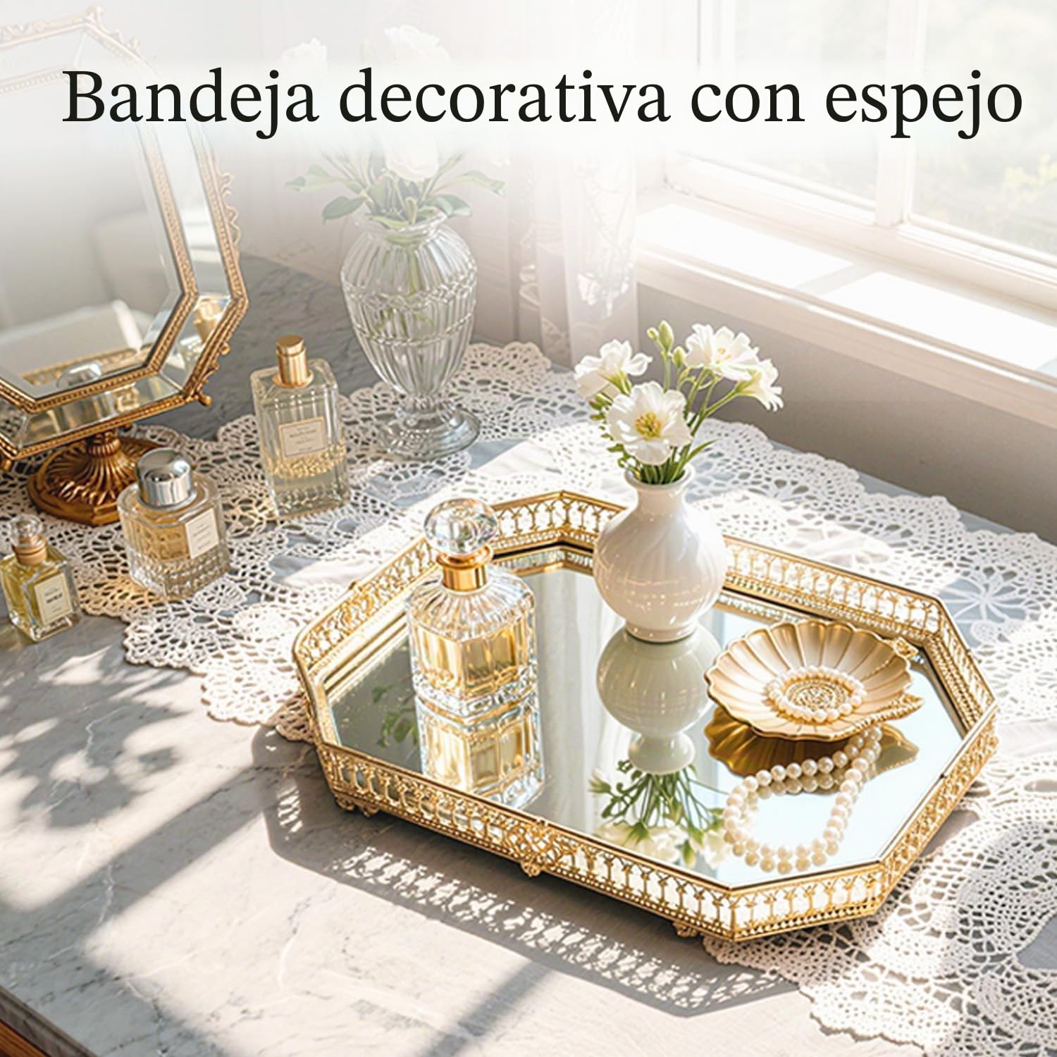 Bandeja Decorativa con Espejo de Dorado, Geométrica Plato Decorativo para Servir Organizador de Perfume de Maquillaje para Tocador, Encimera de Baño