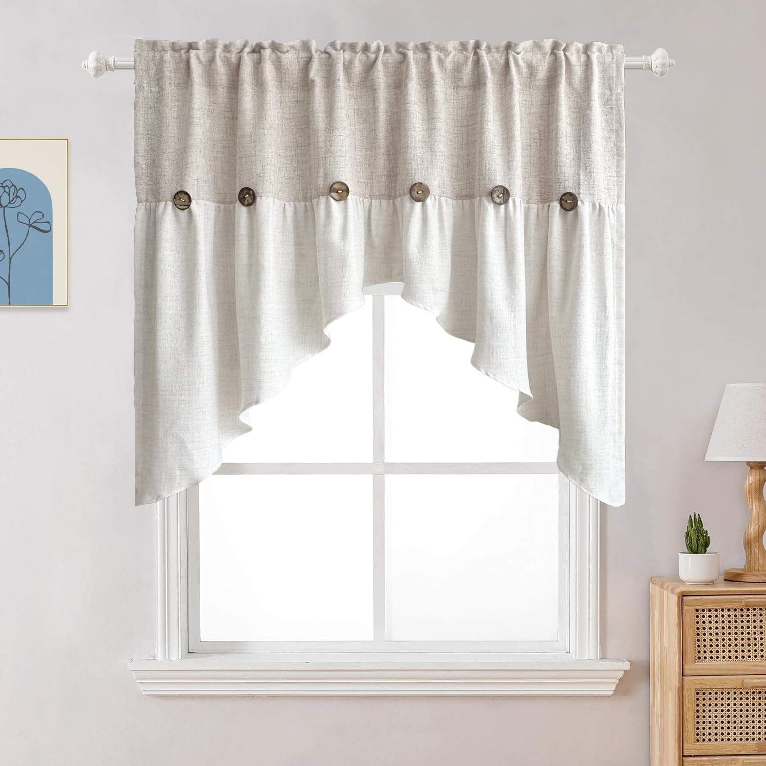 Farmhouse Boho Linen Button Arched Valance Curtains for Kitchen Window Dining Room Cafe Valance for Small Windows Bathroom Macrame Valances Rod Pocket 1 Panel (Beige Arched, W52 L35 inch)