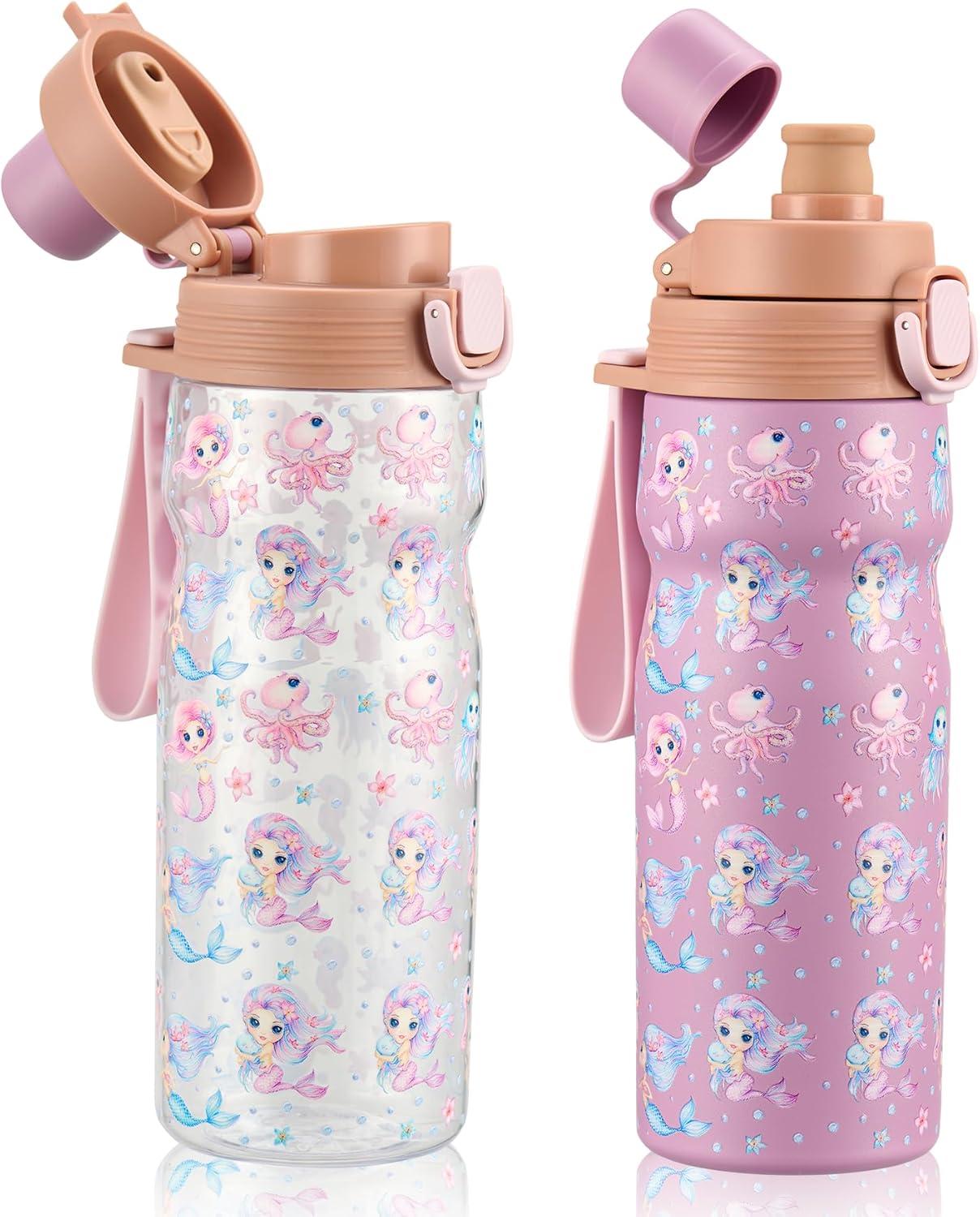 PIQUEBAR Kids insulated Water Bottle 17oz & Sport Water Bottle 24oz Set, Stainless Steel Metal Vacuum Water Bottles, Leakproof Tritan Sport Water Bottles for School Boys Girls, Pink Mermaid