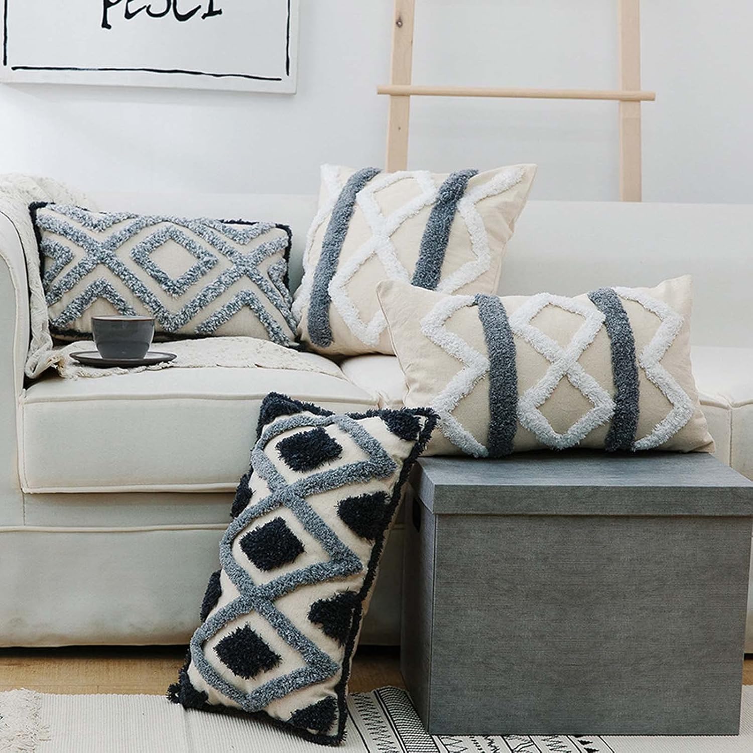 Woven Tufted Boho Cushion Cover Set of 2 Geometric Diamond Lumbar Decorative Throw Pillow Cover for Couch Sofa Bedroom Living Room, Oblong Pillowcase (Lumbar A, 12 x 20 inch)