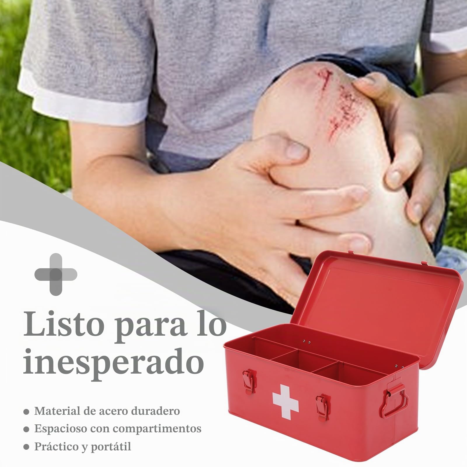 Caja para Medicamentos/Organizador de Medicamentos con 4 Compartimentos, Caja de Primeros Auxilios Portátil en Metal (Rojo) - Incluye Seguridad - Ideal para Casa, Oficina o Auto,Compacto 33x18x13 cm