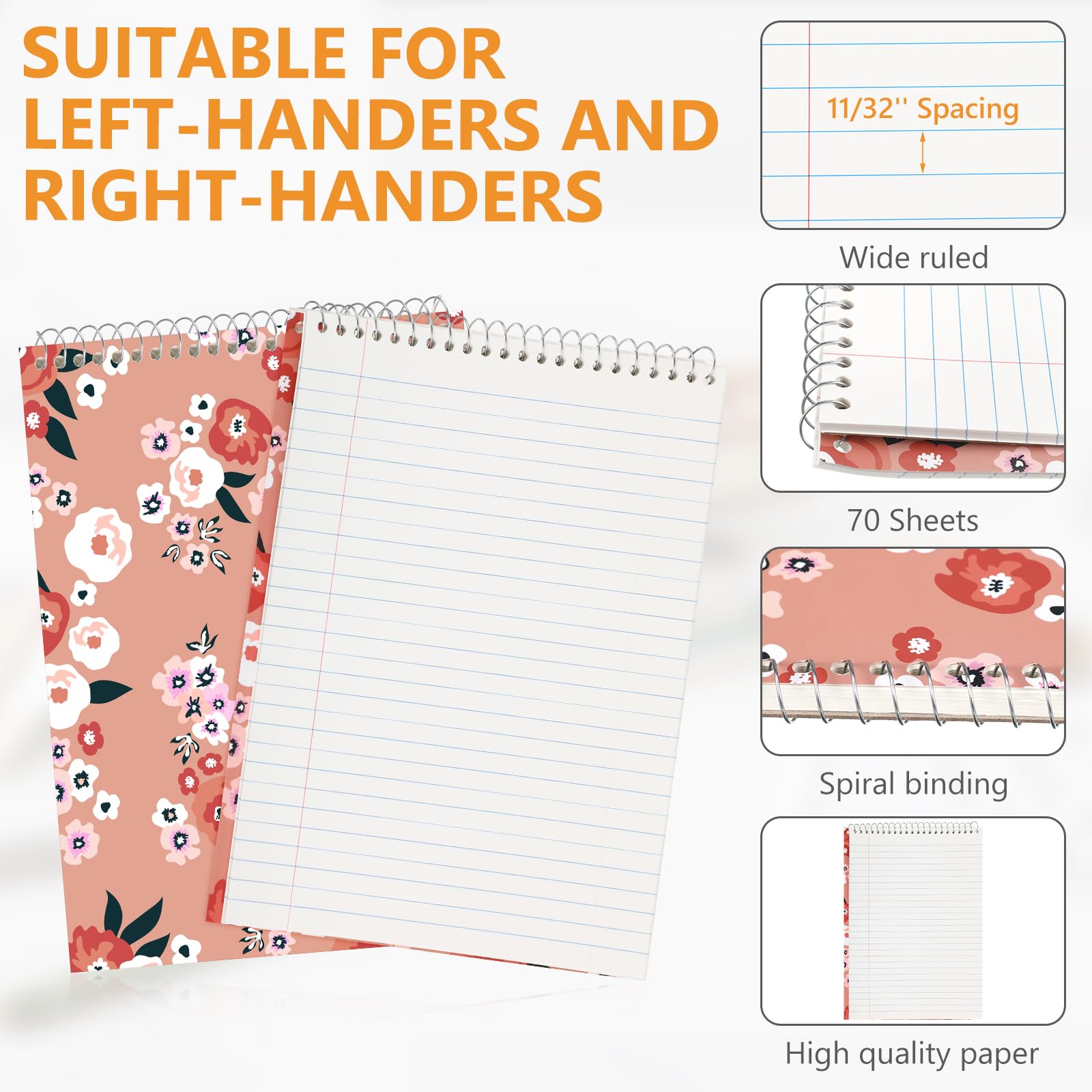 Resurhang Lot de 6 cahiers Steno de bureau à reliure supérieure de 21,6 x 27,9 cm, larges lignes, double face, papier blanc fiable, 70 feuilles/bloc de couleurs pastel pour écrire des notes scolaires