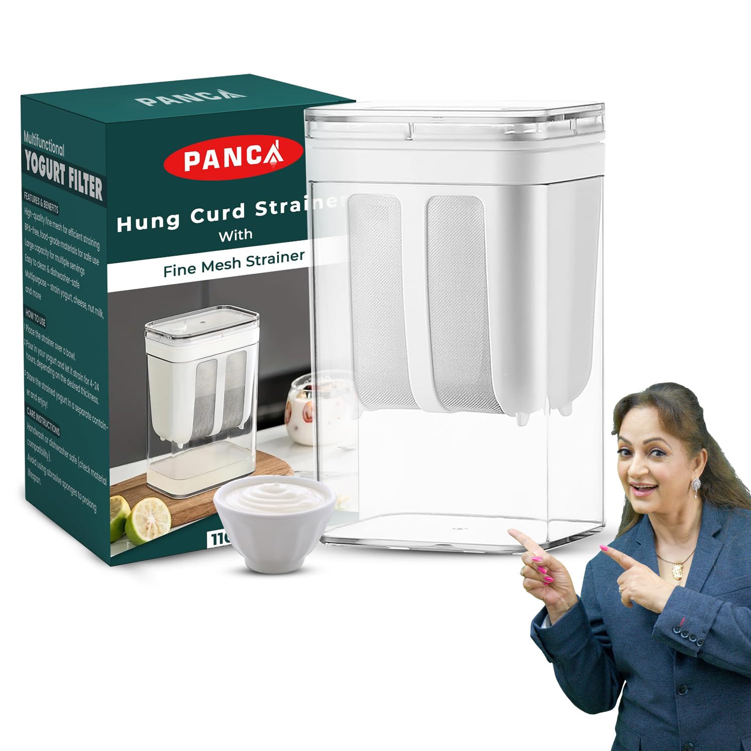 PANCA Hung Curd Strainer Box | Curd Maker and Greek Yogurt Maker - 1100ml Fine Mesh Strainer with Lid | Multifunctional Yoghurt Filter | Curd Maker for Home | Whey Separator