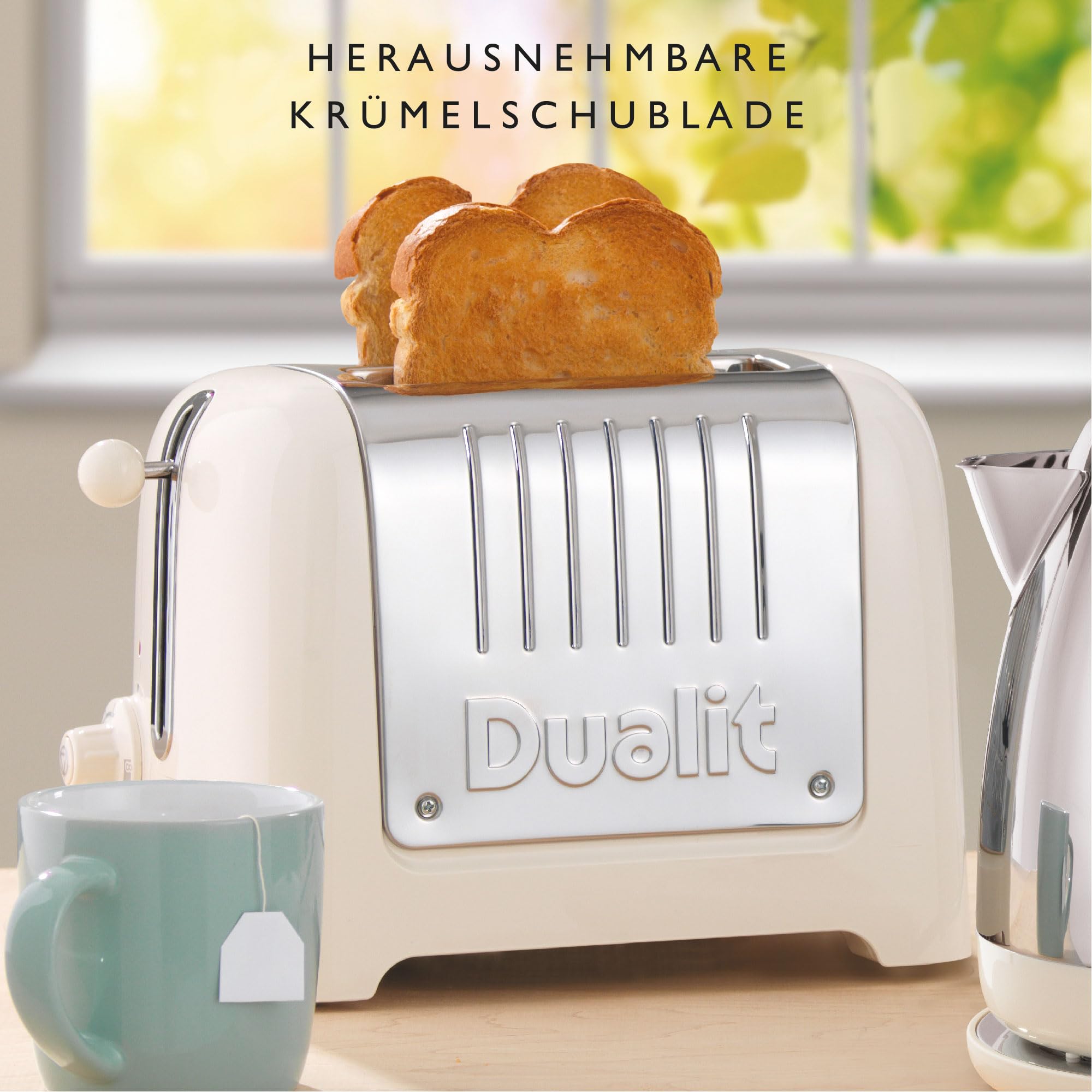 Dualit Lite Tostadora de Pan 2 Rebanadas - 1,1kW / Tuesta 60 Rebanadas en Una Hora – Pulido con Borde Blanco Lienzo Gran Brillo – Ajuste Bagel y Descongelar – Tostadora Ranura Ancha 36mm