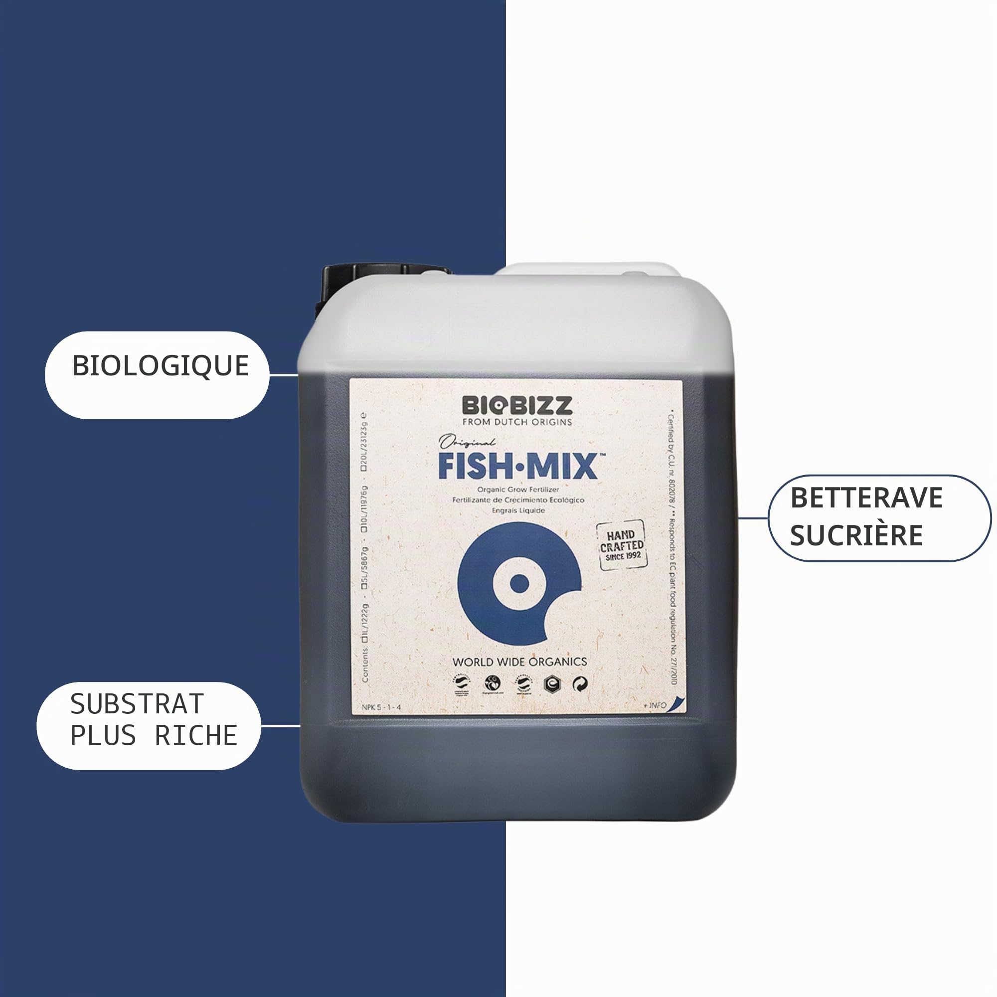 GROWMANIA Fish Mix de BioBizz 5 l + échantillon Boost Up Nutrients + Verre doseur | Engrais organique de haut volume | Pour grands jardins et potagers extensifs