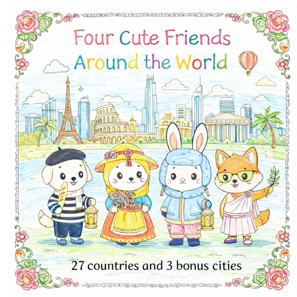 Four Cuttle Friends Around the World: A Kawaii Coloring Book with Cute Characters, World Travel Scenes, Landmarks, and Relaxing Global Adventures (Cute & Relax Coloring Book)