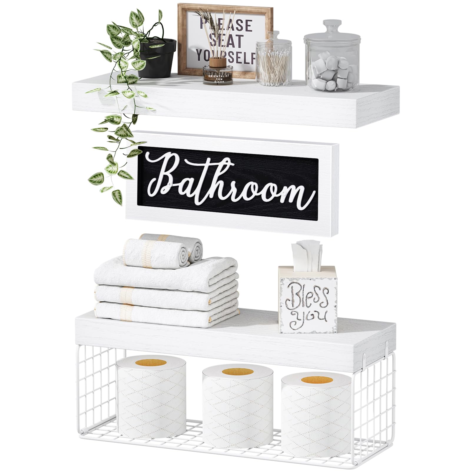QEEIG Estantes de decoración de baño, juegos de decoración de pared de granja, estantes flotantes sobre el inodoro, soporte de papel higiénico pequeño 2+1, 16 pulgadas, blanco