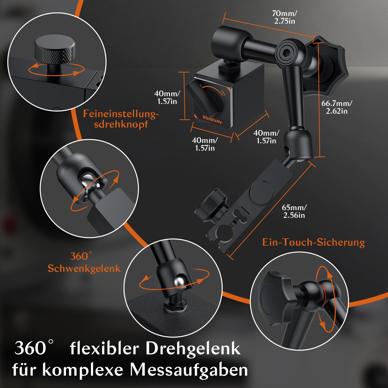 Digital Messuhr-Set mit Magnetfuß 0-25,4 mm, Auflösung 0,01 mm, mm/Zoll umschaltbar, 40 kg Haltekraft, flexibler 3-Gelenk-Arm Messwerkzeug– Für Labor Drehmaschinen, Fräsmaschinen & Werkstatt
