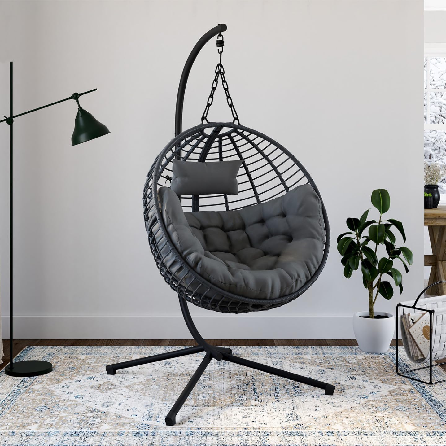 IDMarket - Fauteuil Rond Suspendu ajouré Effet rotin Gris avec Coussin Gris