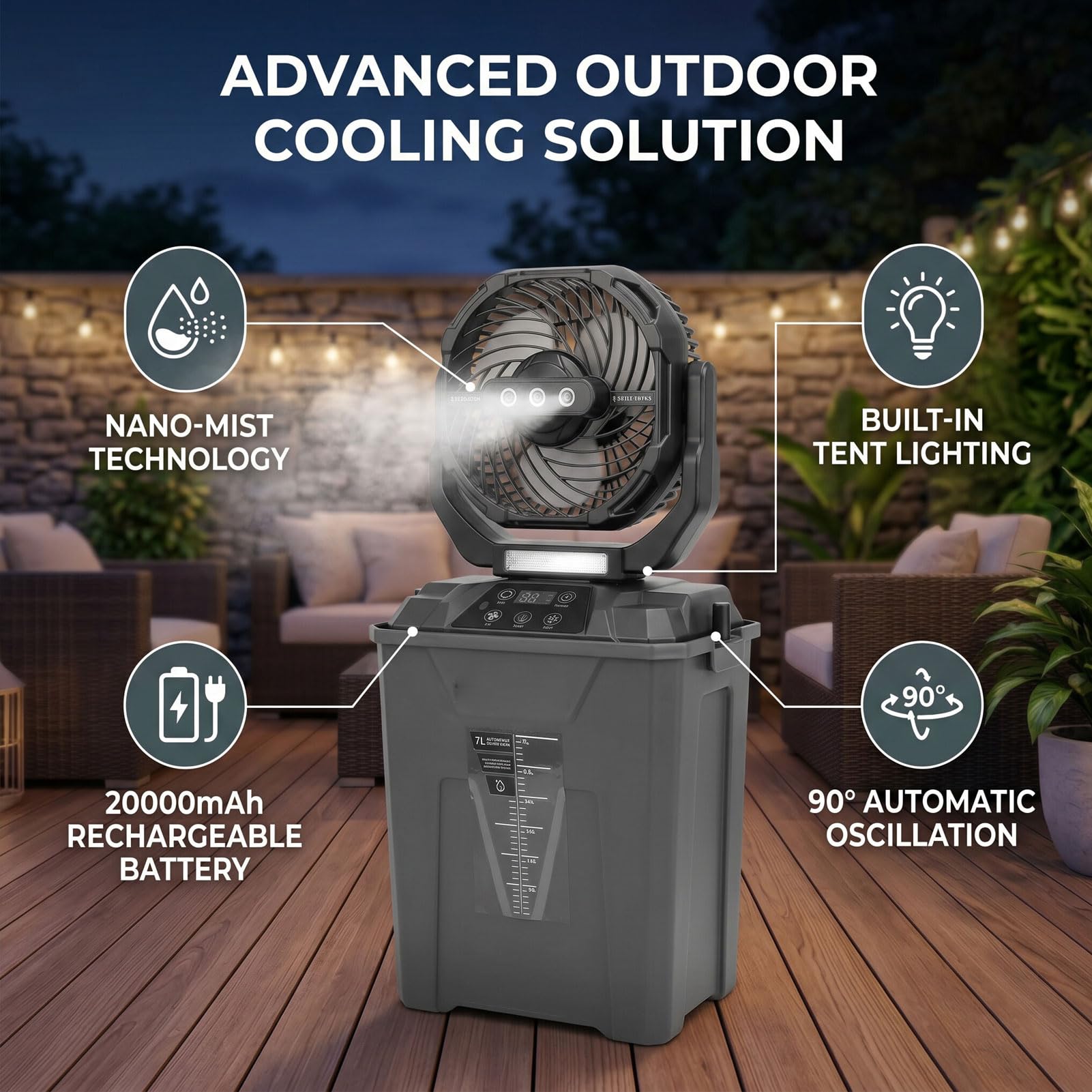 Luocute Fan de Nebulización Portátil 7L, Control Remoto 20000mAh (BLACK) | Ventilador de refrigeración para exteriores recargable, con 5 velocidades, 4 modos de niebla, 3 modos de luz