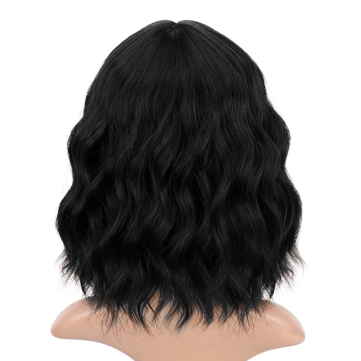 ENTRANCED STYLES Black Wig with Bangs Short Wavy Bob Wigs for Women Realistic Wig Heat Resistant Synthetic Wig Daily Party Cosplay Use 12”