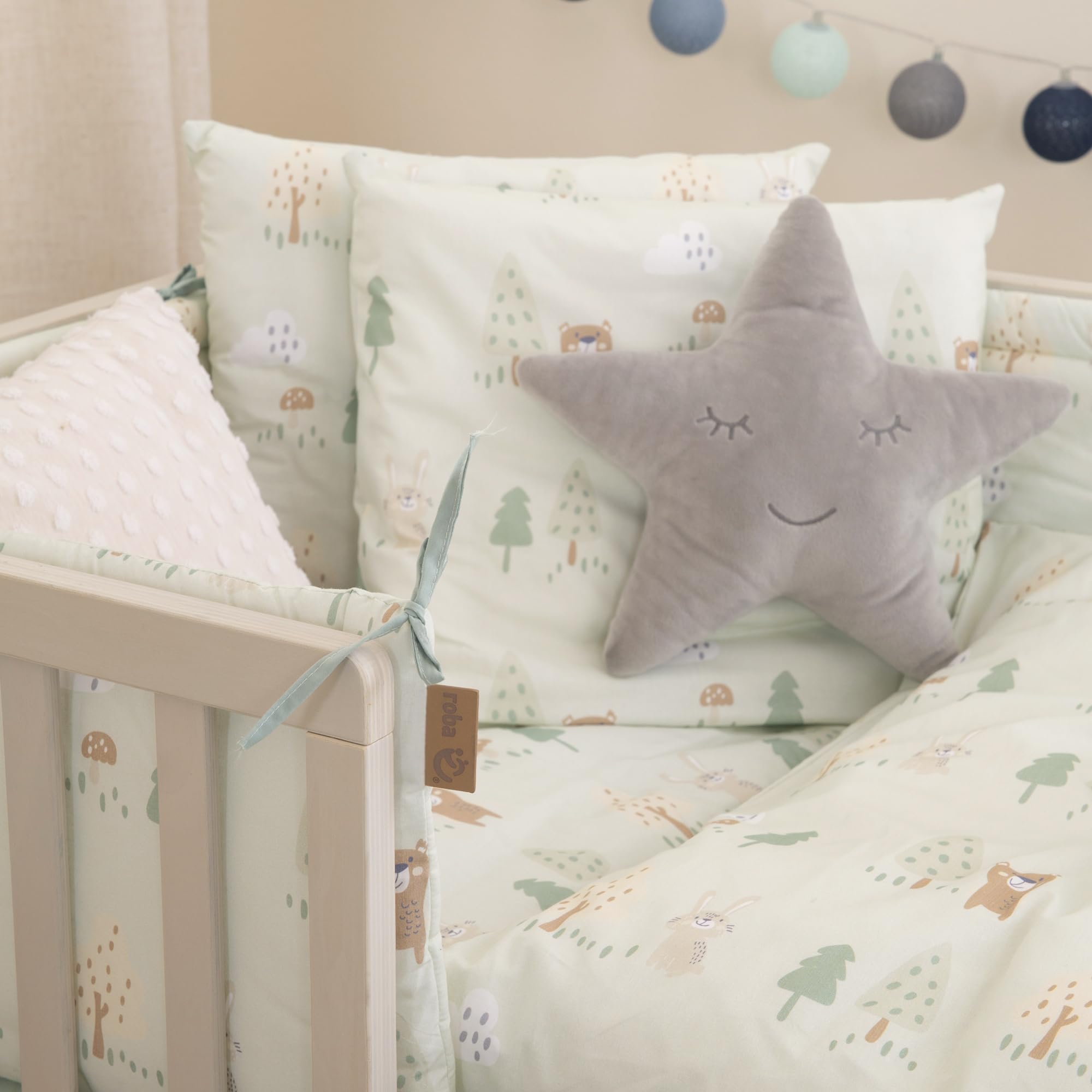roba Biancheria per Culla Woodland Buddies - Piumino 80 x 80 cm + Federa 35 x 40 cm - Cotone Morbido - Verde Pastello con Orso, Coniglio & Ape