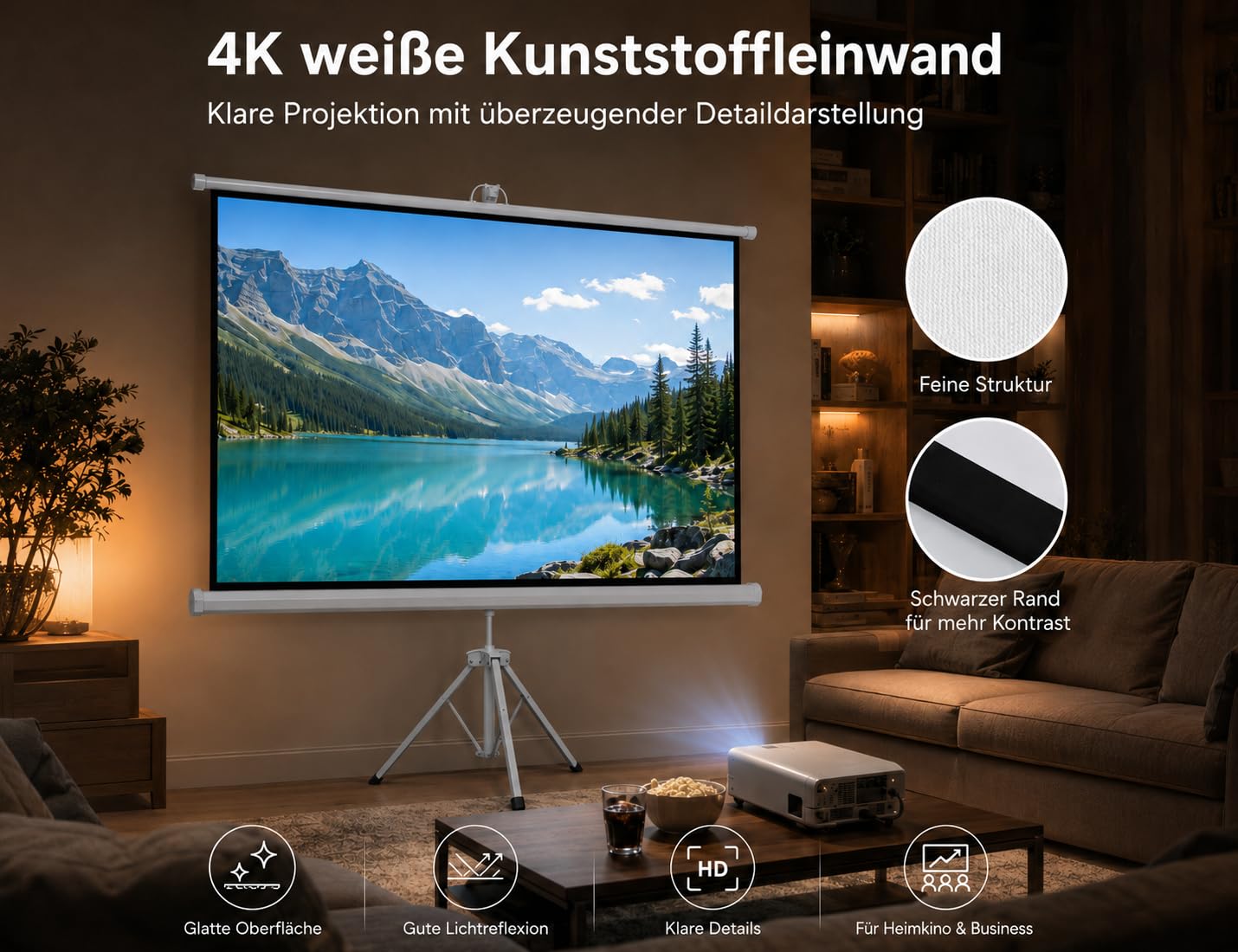 Beamer Leinwand mit Stativ,Tragbare Leinwand Beamer Outdoor 100 Zoll,Format 16:9 HD Faltbare mit Tragetasche für Haus Hinterhof Theater Nächte