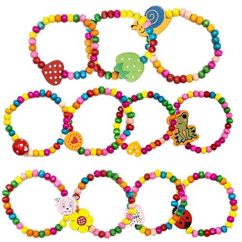 REBECCAGIBSON Pulsera para niña, 12 unidades, pulsera de madera para niños