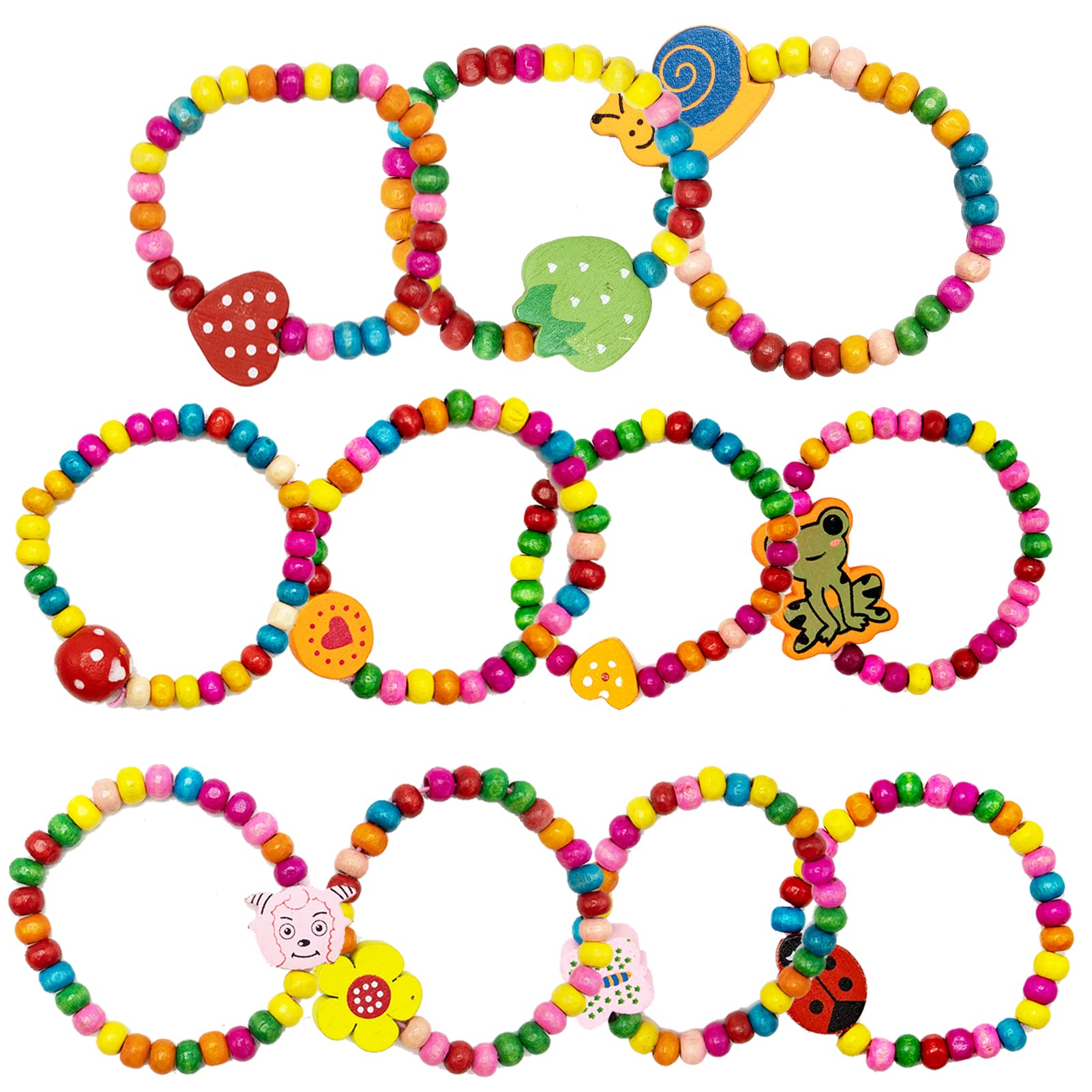 EUGENEKELLY Pulsera para niñas, pulseras de madera de colores para niños, 12 unidades, obsequios para cumpleaños infantiles, regalos de invitados, pulsera de la amistad para niños, joyas para niños