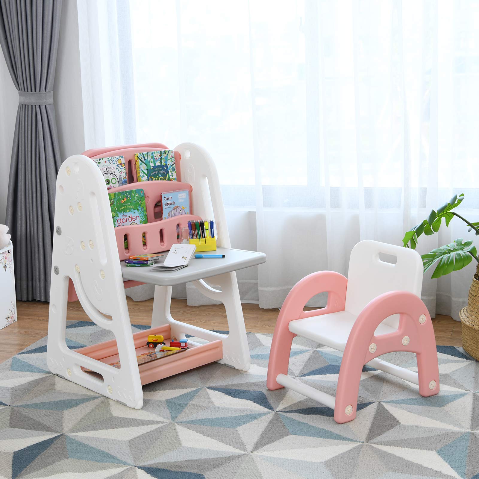 COSTWAY 2 in 1 Kinder Staffelei & Kindersitzgruppe mit Bücherregal, Kindertisch & -stuhl mit Aufbewahrungsablage und klappbarer Tischplatte, Standtafel mit Malzubehör (Orange)