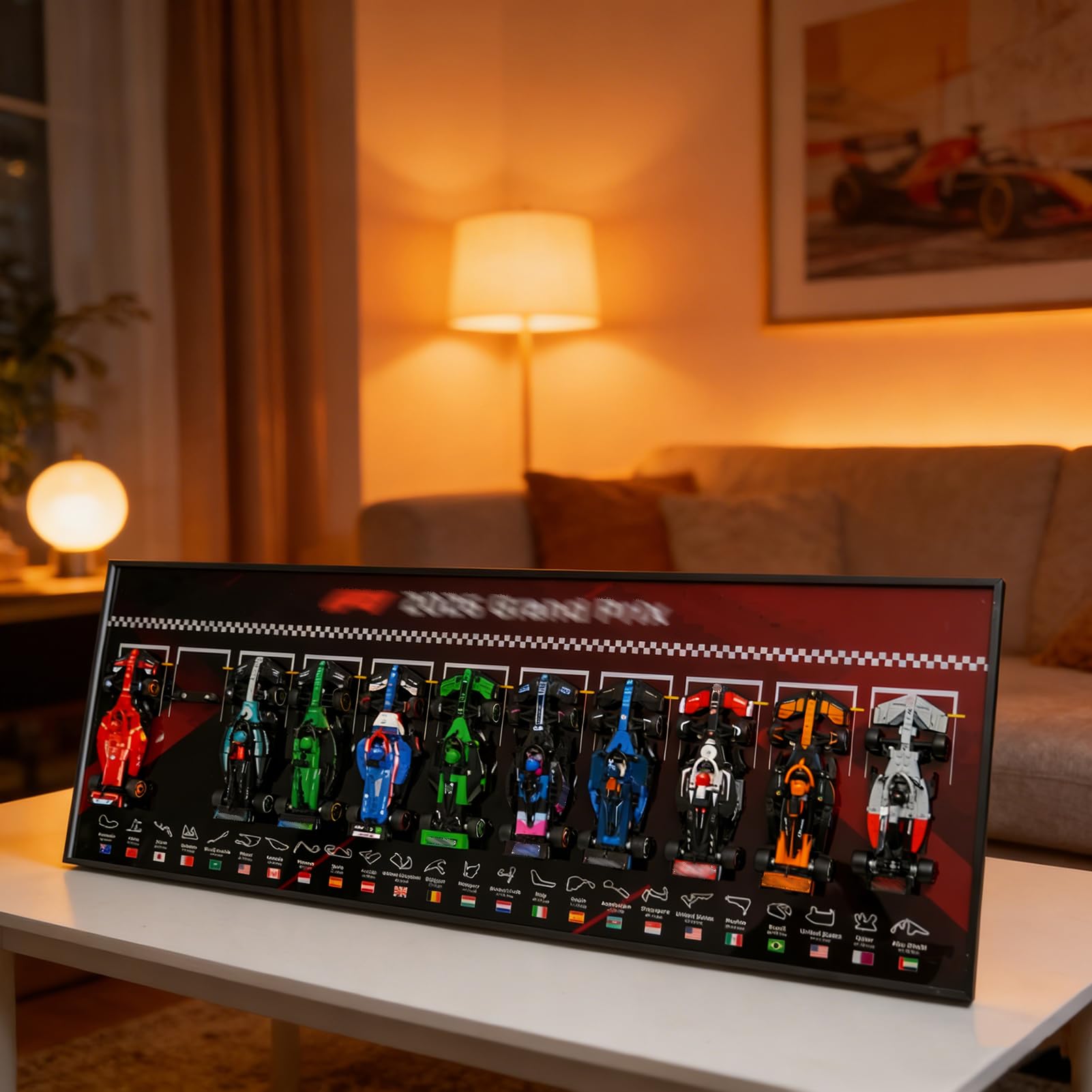 Wandhalterung Display Kompatibel Mit Lego F1 Speed Champions,110x40cm Wall Mount Wallboard Rahmen Für 11Rennwagen(77242-77252, 77258, 77259)(Kein Modell enthalte) Frame für Sammlerzimmer & Büro
