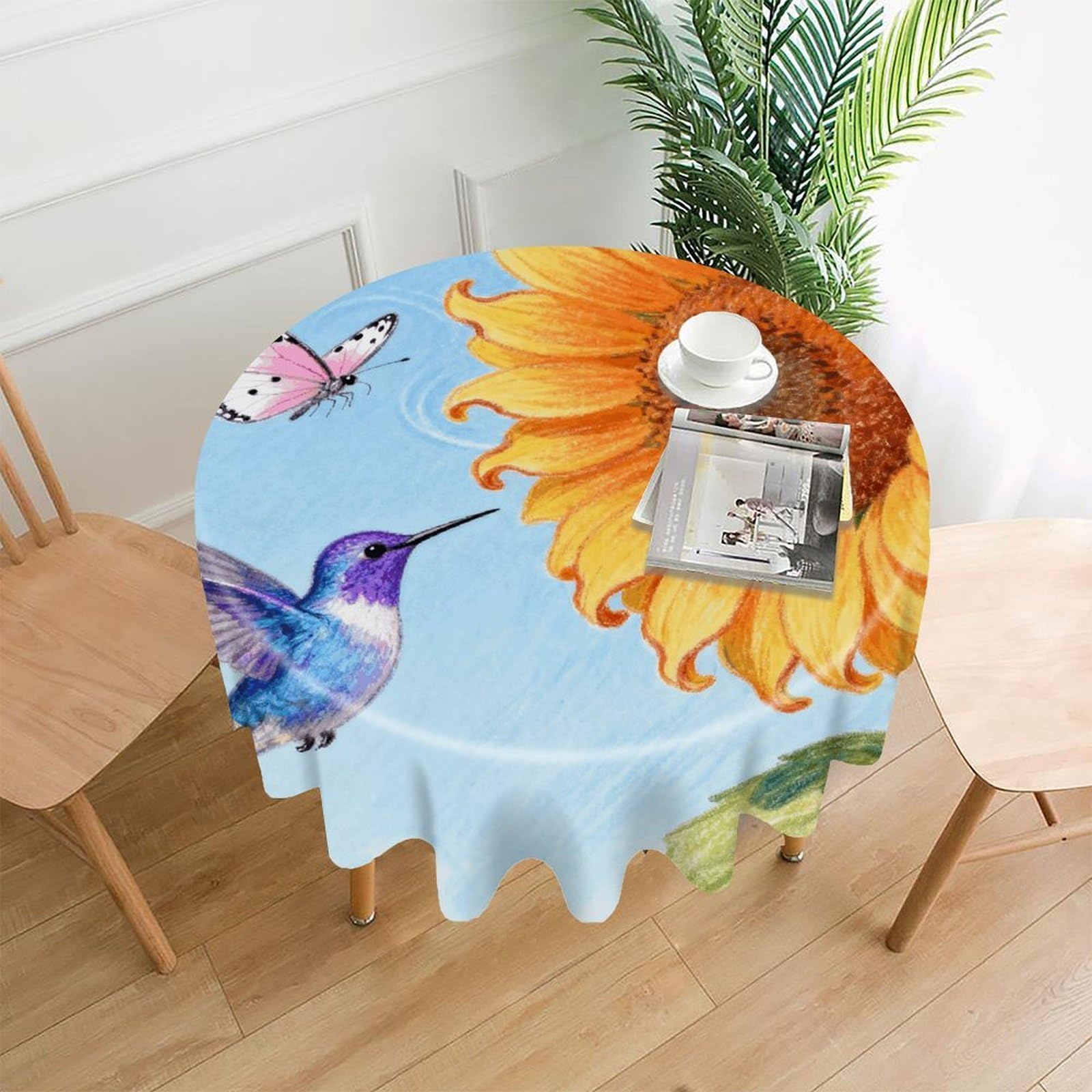 LDGSUPH Hummingbirds Sunflower Butterfly Round Tablecloth Cover Washable Luxurious Fabric Table Cover Decor Wrinkle Free Fashion Round Table Cloth for Home Dining Kitchen Party 60 in