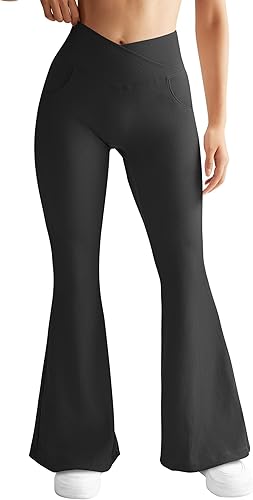 Miniatura 5 de RUUHEE Pantalones de yoga cruzados acanalados para mujer con bolsillos, cintura alta, acampanados, leggings acampanados