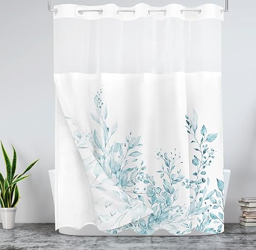 Miniatura 3 de Tititex Juego de cortinas de ducha sin ganchos a presión, diseño de hojas de eucalipto azul claro, doble capa, tela impermeable y transparente para