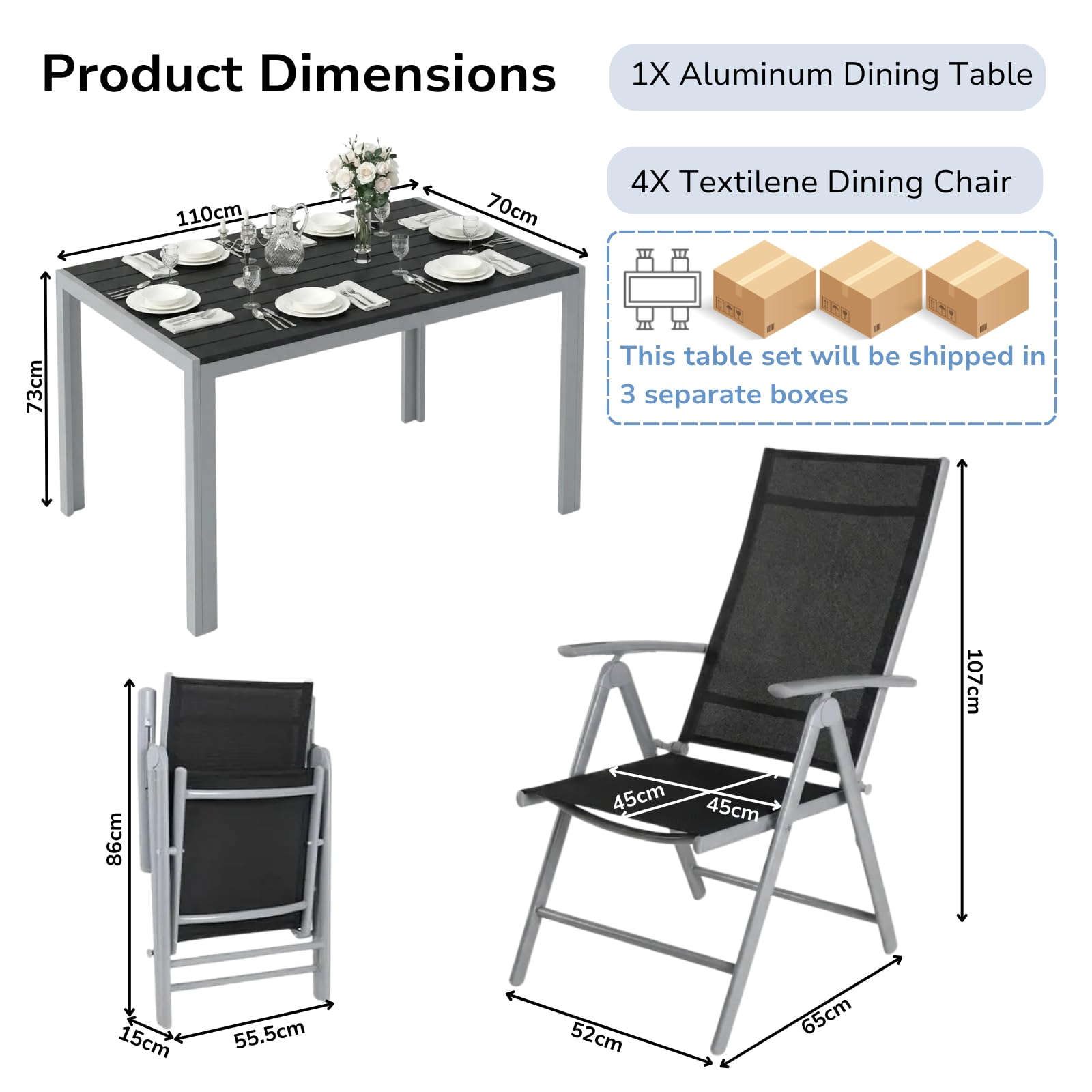 LIFERUN 5-Teiliges Gartenmöbel Set, Aluminium Balkonmöbel Set, 4pcs Verstellbare Hochlehner Klappstühle +110x70cm WPC Wetterfest Rechteckiger Terrassentisch,Essgruppe Sitzgruppe Outdoor, Silber Grau