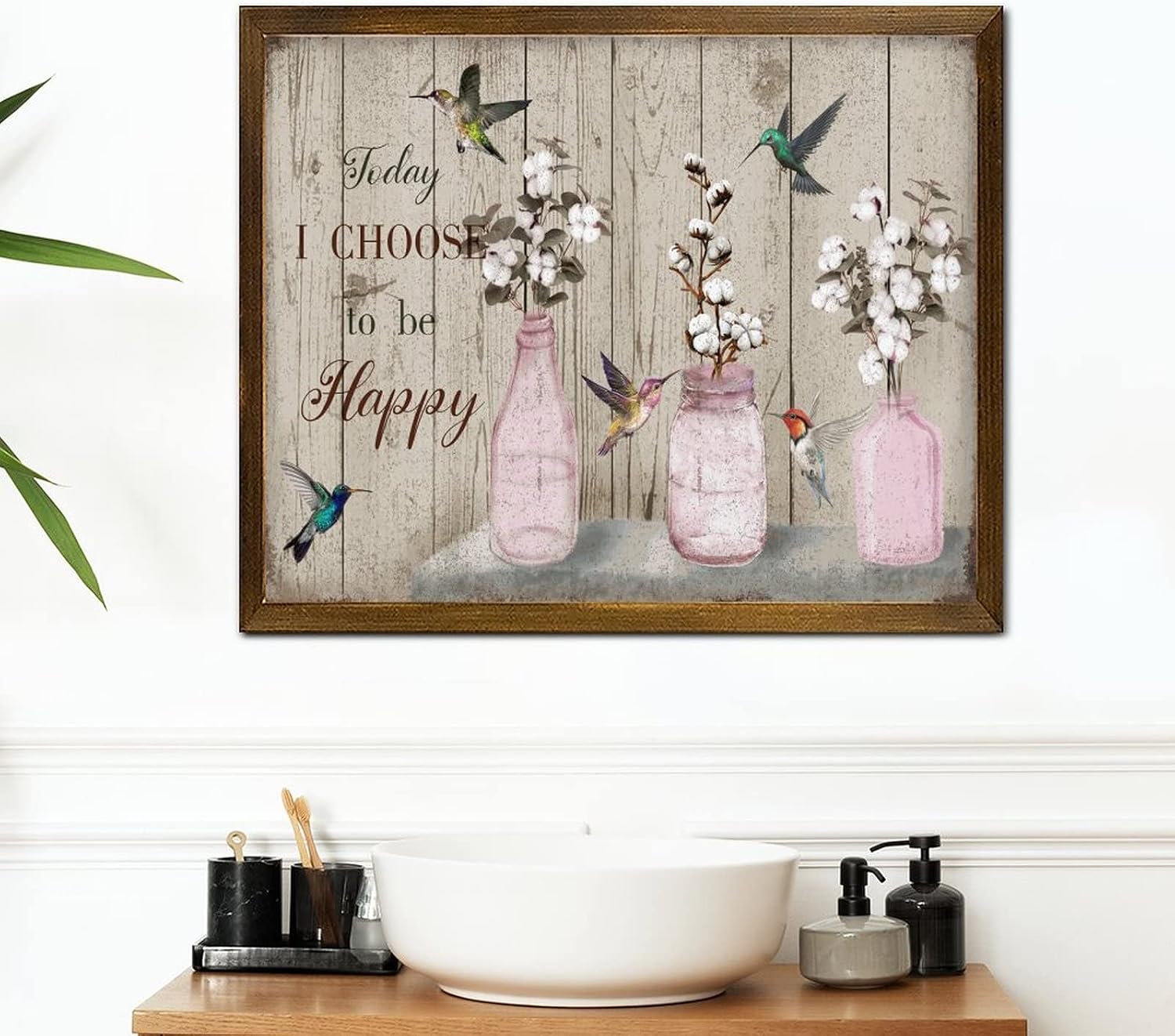 Today I Choose to Be Happy Wooden Framed Sign Hummingbird Kapok Flower in Vase Wood Sign Plaque Rustic Hello Spring Flower Wall Art Home Decoration for Entryway Porch Bar Pub Party 16x20 Inch