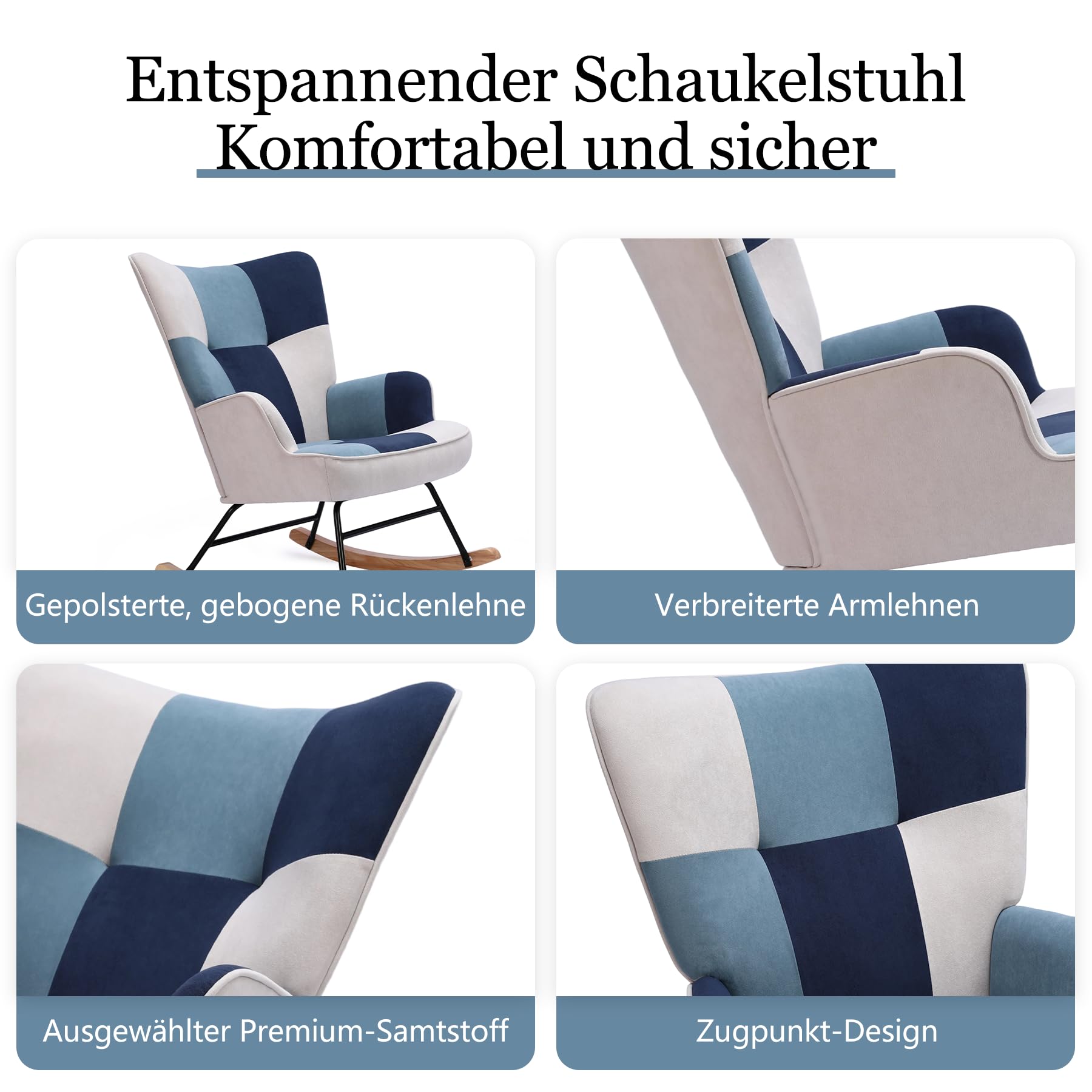 Schaukelstuhl Sessel Patchwork mit Metallgestell und Holzsockel Skandinavischer Schaukelsessel Retro Sessel Wohnzimmer Relaxstuhl Polstersessel für Schlafzimmer Hotel Blau