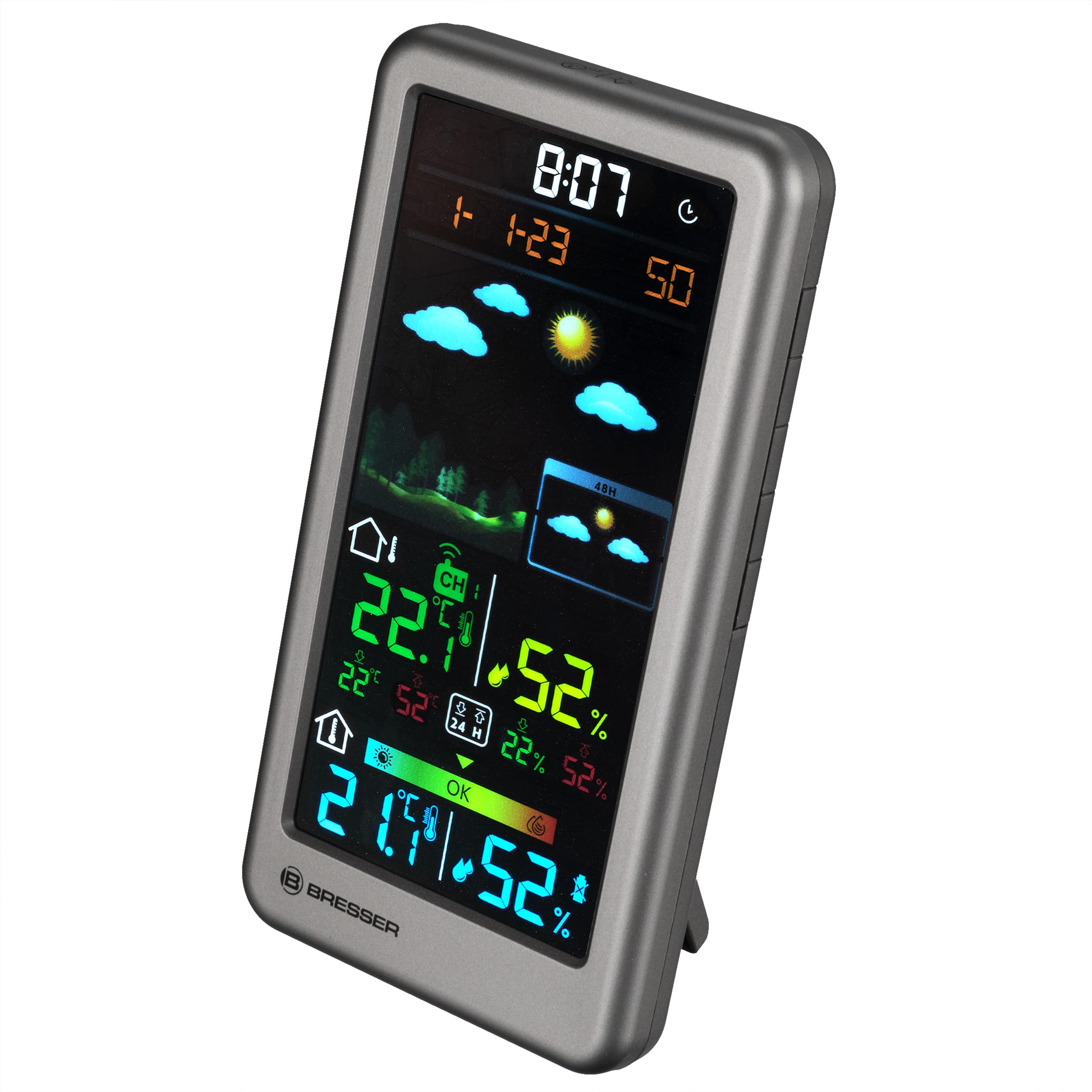 Bresser Neomeo V Stazione meteo con sensore esterno, argento | Temperatura interna ed esterna, umidità, previsioni 24 e 48 h, comfort interno, avviso gelo, orologio radio