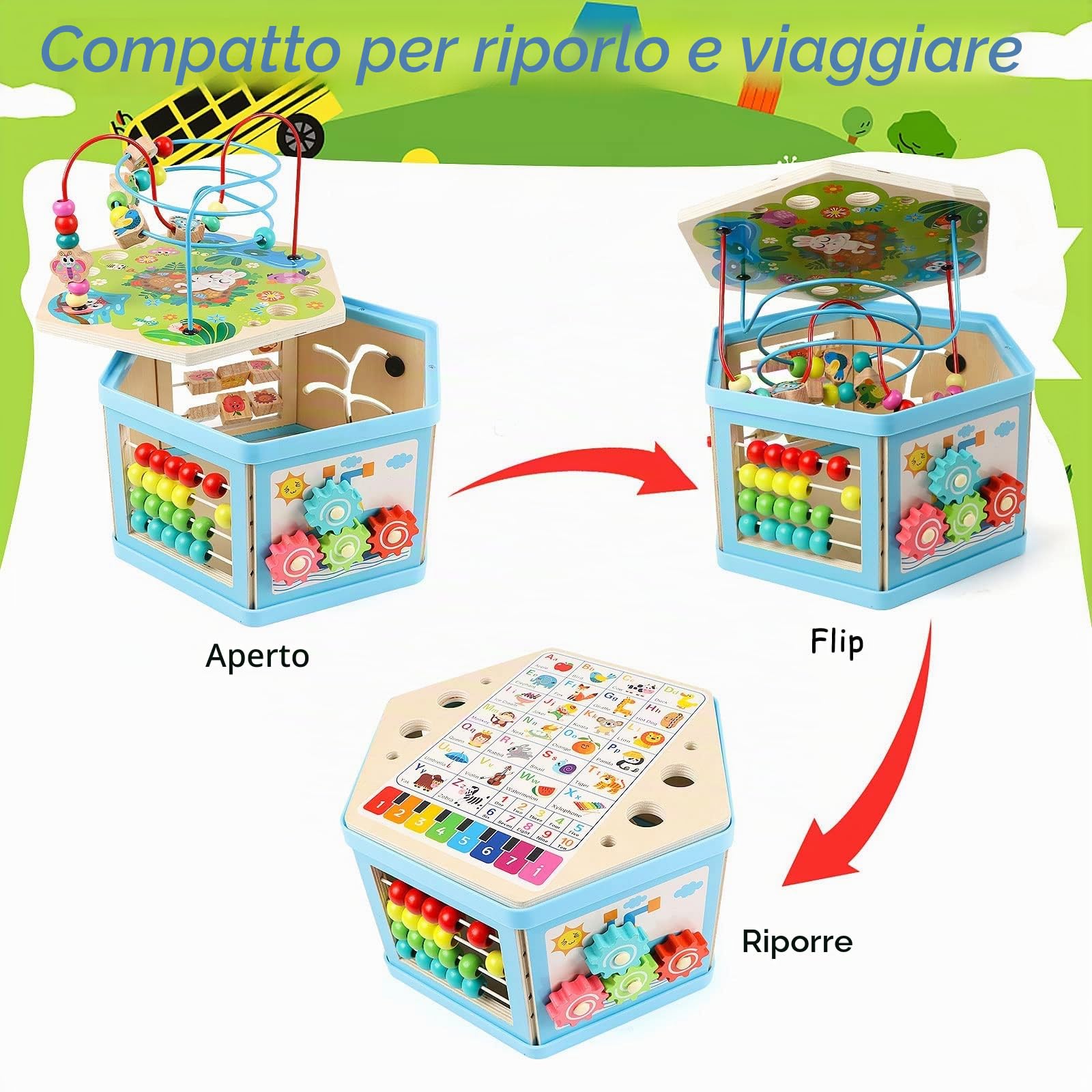 Jacootoys Cubo di attività in legno, 7 in 1, giocattolo educativo per bambini, bambini, ragazzi, ragazze