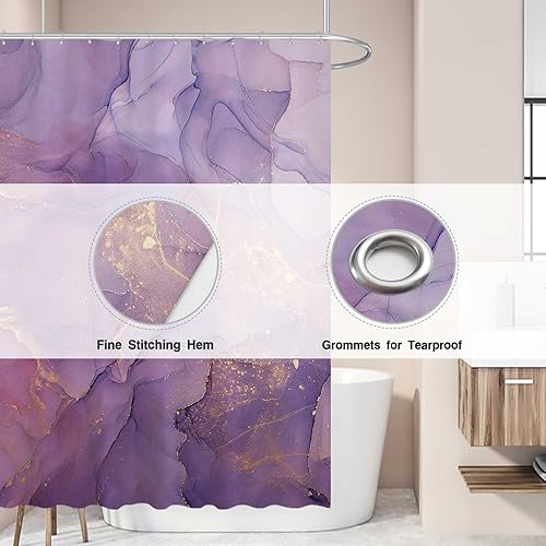 Miniatura 3 de Allenjoy Cortina de ducha de mármol morado con patrón dorado lavanda, textura elegante, tela abstracta, juego de cortinas de baño de tinta