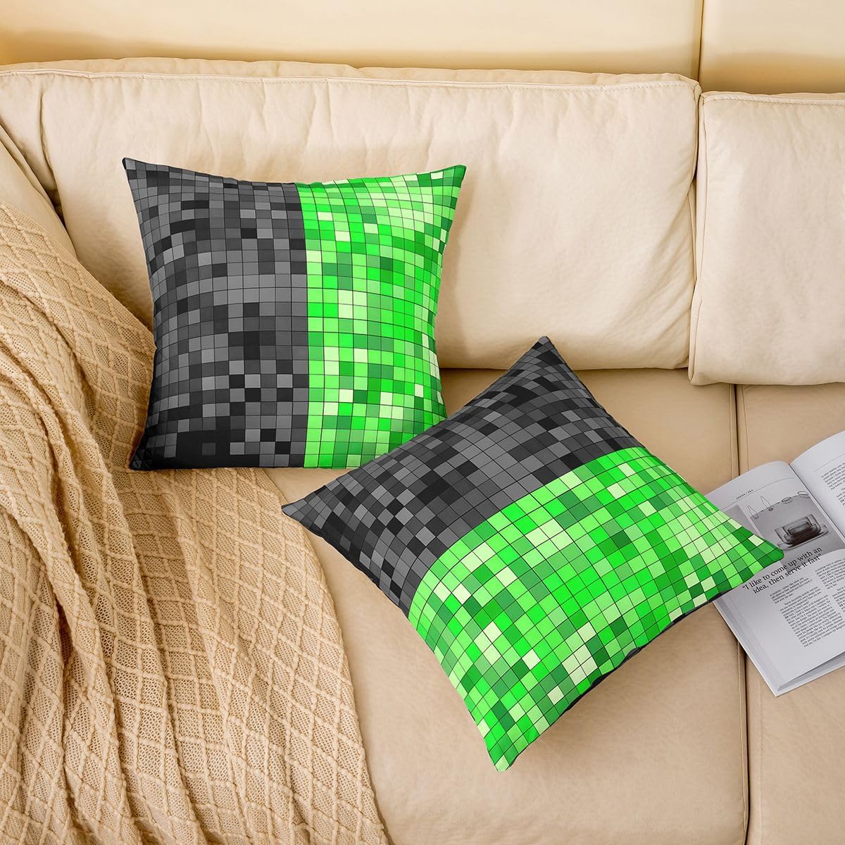 Pixel Throw Pillow Covers 16 x 16-Inch Set of 1 Ombre Green Black Cushion Case for Kids Boys Girls Decor Mining Themed Decor Pillowcase Breathable Soft Microfiber Gaming Bedroom Decor Indoor Outdoor image 2