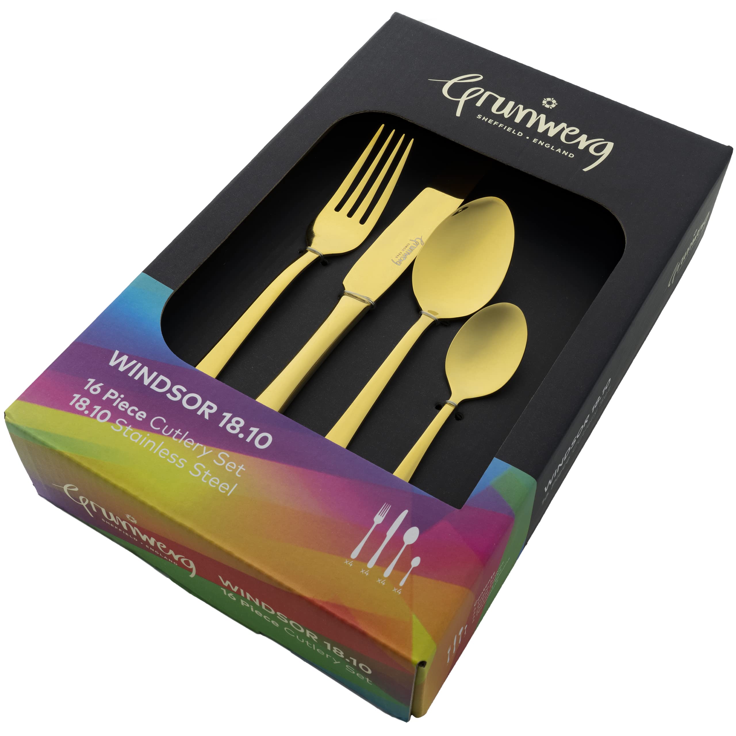 GrunwergWindsor 16-Piece Cutlery Set, Gold, 16BXWSR/GD, 18/10 Stainless Steel