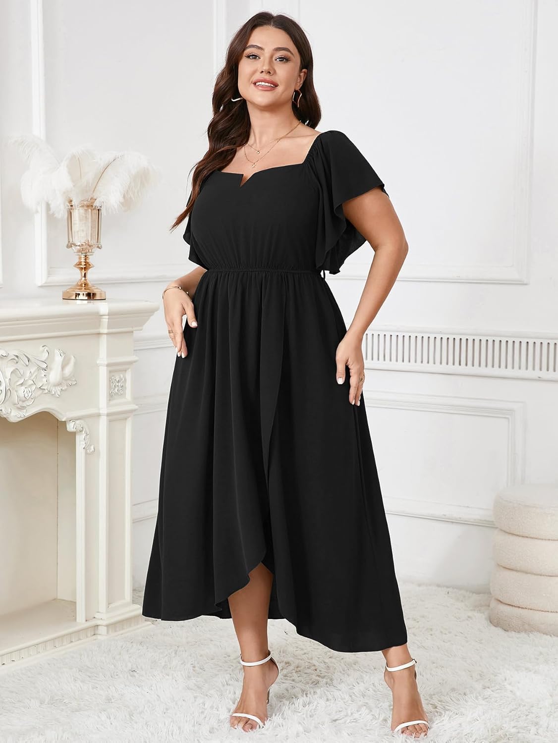 Women's Plus Size Maxi Dress Short Sleeve Square Neck Flowy A Line Wedding Guest Cocktail Long Dress - Image 2