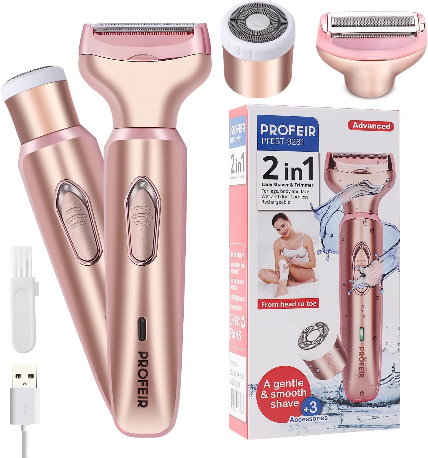 Electric Razors for Women, Electric Shaver for Women, Painless 2 in 1 Hair Trimmer for Face Eyebrow Mustache Beard Arm Leg Armpit Bikini, Cordless Portable Rechargeable Hair Clipper Wet & Dry