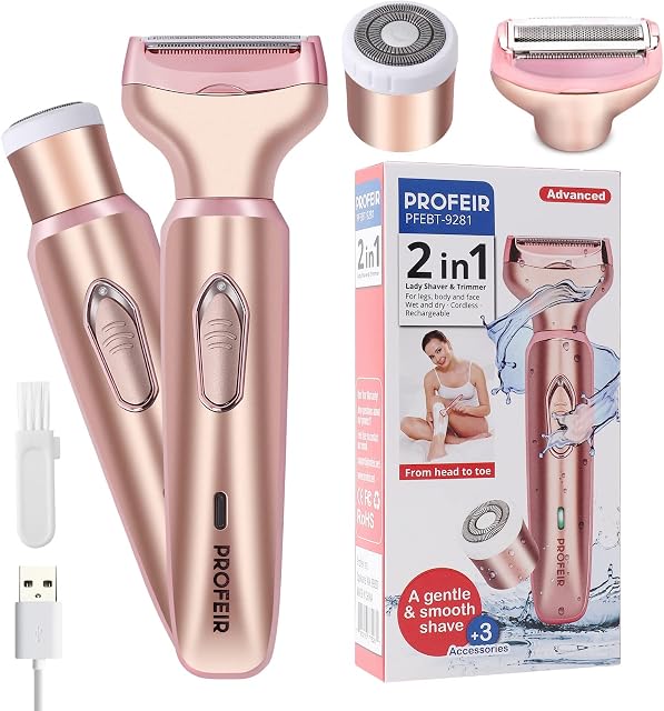 Electric Razors for Women, Electric Shaver for Women, Painless 2 in 1 Hair Trimmer for Face Eyebrow Mustache Beard Arm Leg Armpit Bikini, Cordless Portable Rechargeable Hair Clipper Wet & Dry