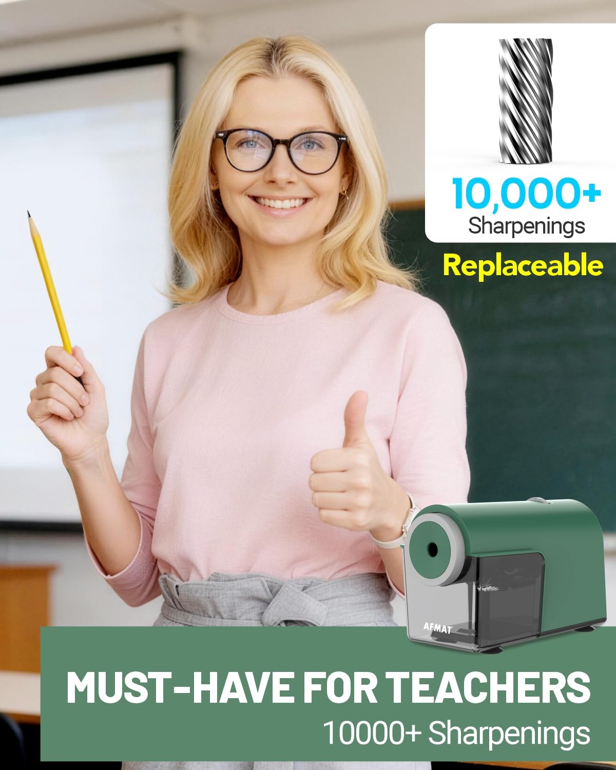 AFMAT Taille-Crayon Électrique Entièrement Automatique Rechargeable avec Réservoir - Plus de 10 000 Utilisations - Taille-Crayon Rapide Haute Performance pour N° 2/Jumbo/Crayons (φ6,5-10,5mm) - Vert