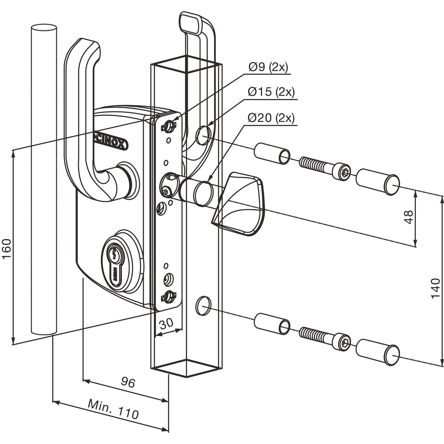 LOCINOX LSKZ4040U2LZILVVSZS Schiebetorschloss LSKZ4040U2L, für 40 mm Vierkantrohr, Aluminium silberfärbig, Silber