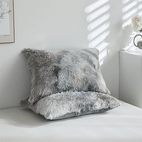 Miniatura 7 de Wajade Juego de edredón de felpa de pelo sintético teñido anudado gris y blanco, juego de cama mullido y mullido - Juego de edredón de microfibra