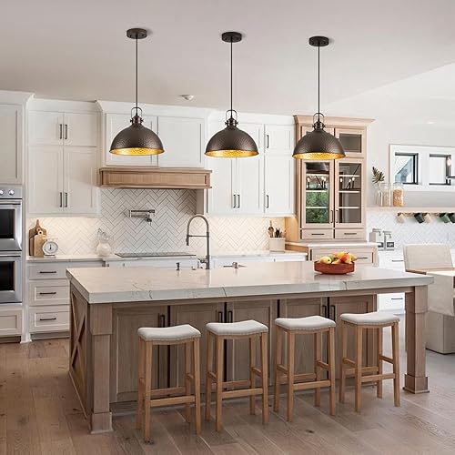 Miniatura 6 de Refice Luces colgantes martilladas de granja para isla de cocina, 12 pulgadas de bronce aceitado, iluminación colgante industrial de altura