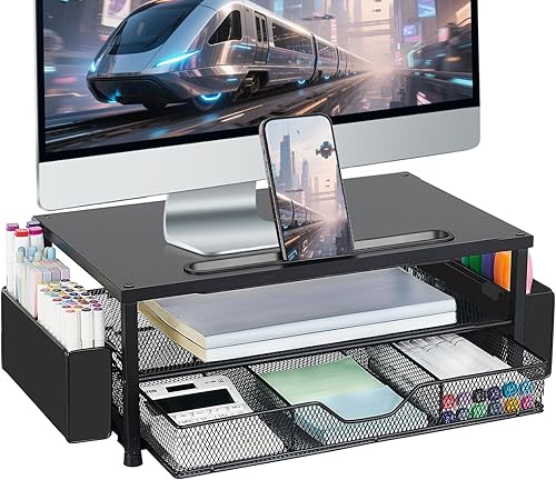 AUPSEN Soporte elevador de madera para monitor de computadora, organizador de escritorio negro de 2 niveles con cajón, almacenamiento para