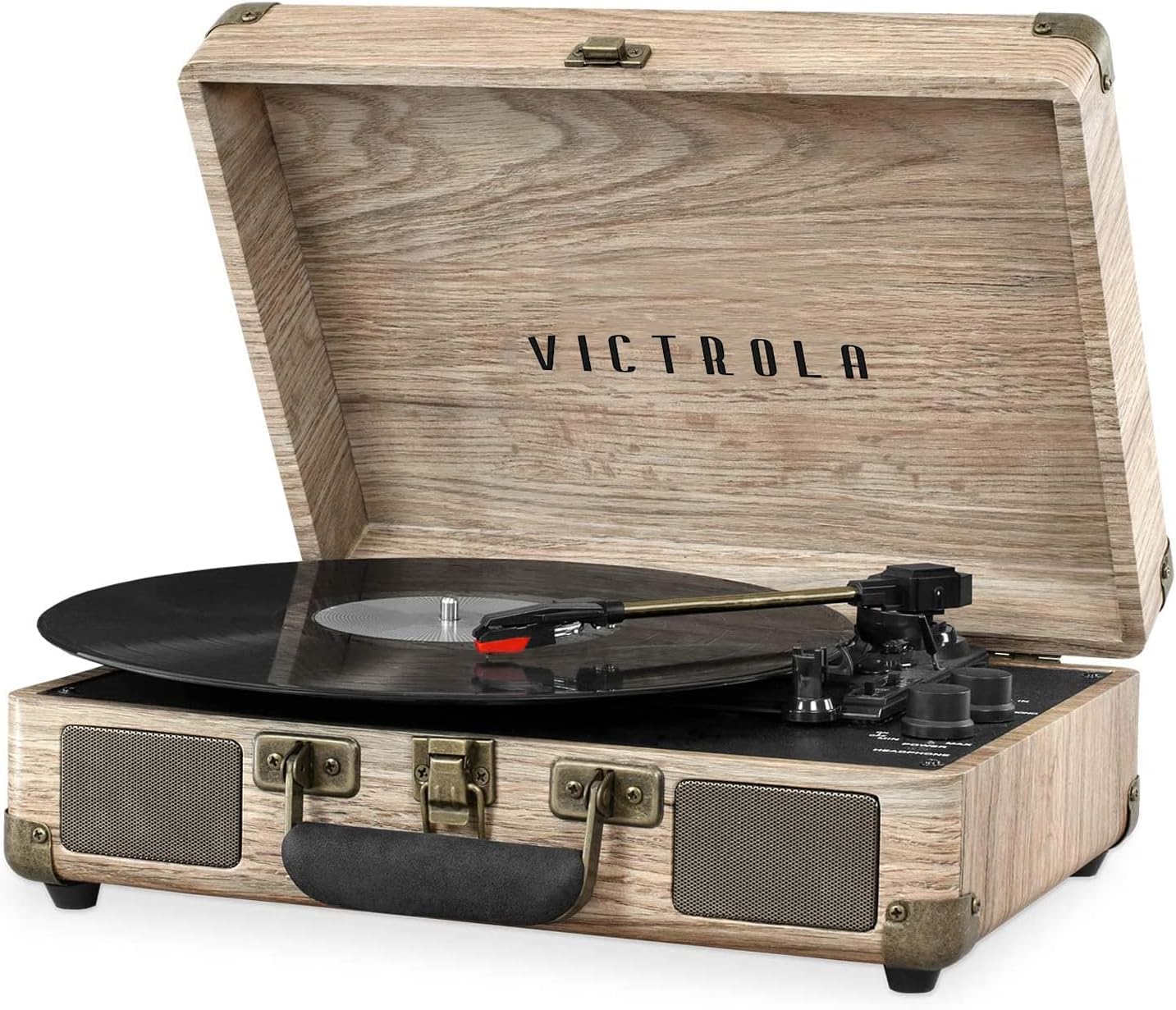Victrola Journey Bluetooth Portable Suitcase Record Player – with Built-in Speakers, 3 Speed Vinyl Record Player, RCA Out, Headphone Jack (Oatmeal) Farmhouse Oatmeal