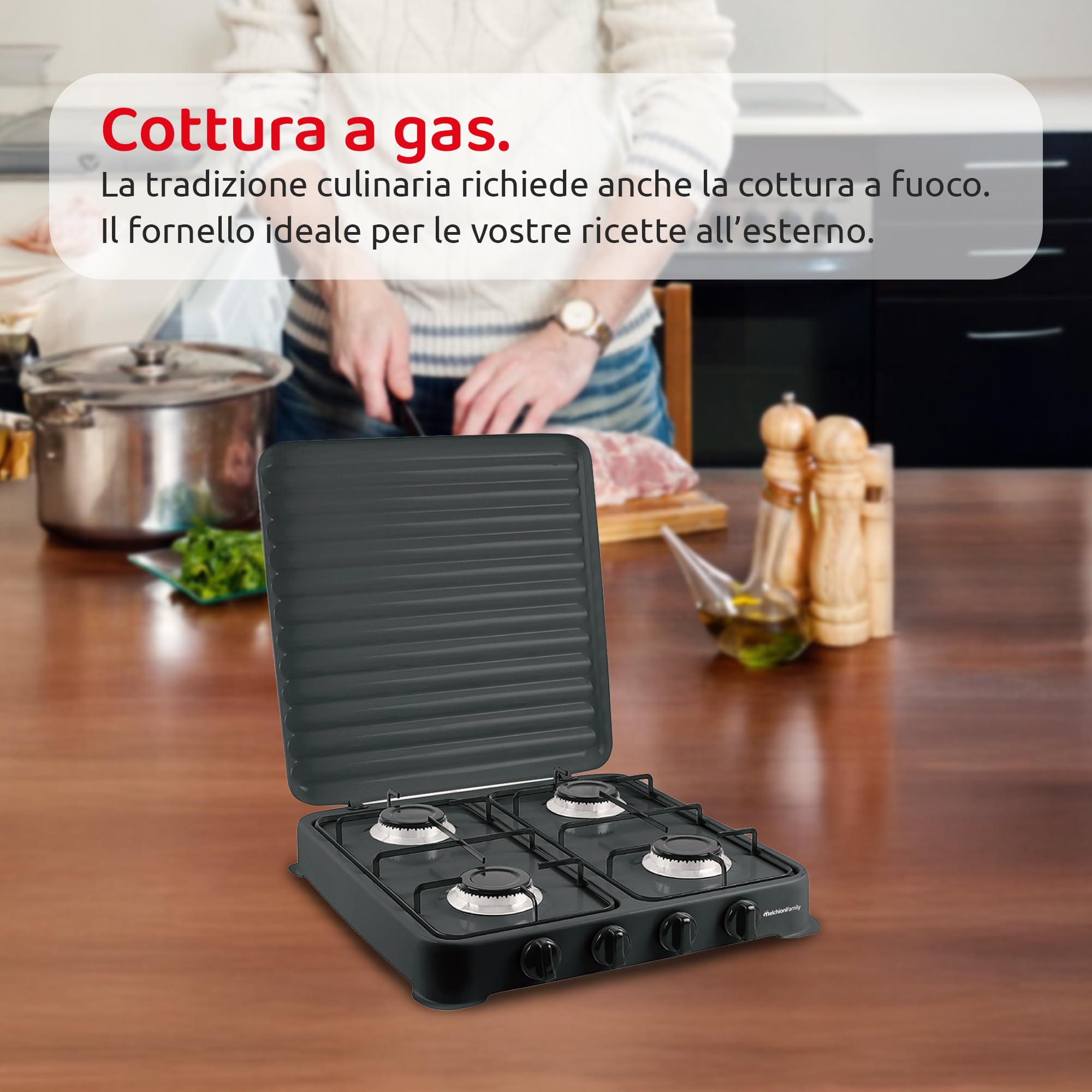 Melchioni Family | Fornello a Gas Modello MINERVA NEW, Quattro Fuochi, Colore Nero, per Utilizzo Esterno, con Griglia e Fuochi Rimovibili e Coperchio