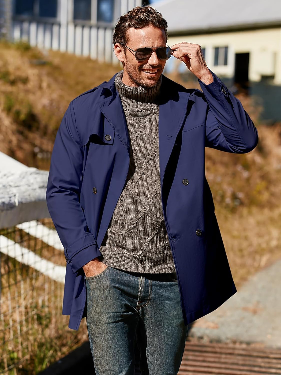 Pretifeel Mens Trench Coat Slim Fit Double Breasted Long Jacket Notched Lapel Belt Fall Windproof Coat - Image 3