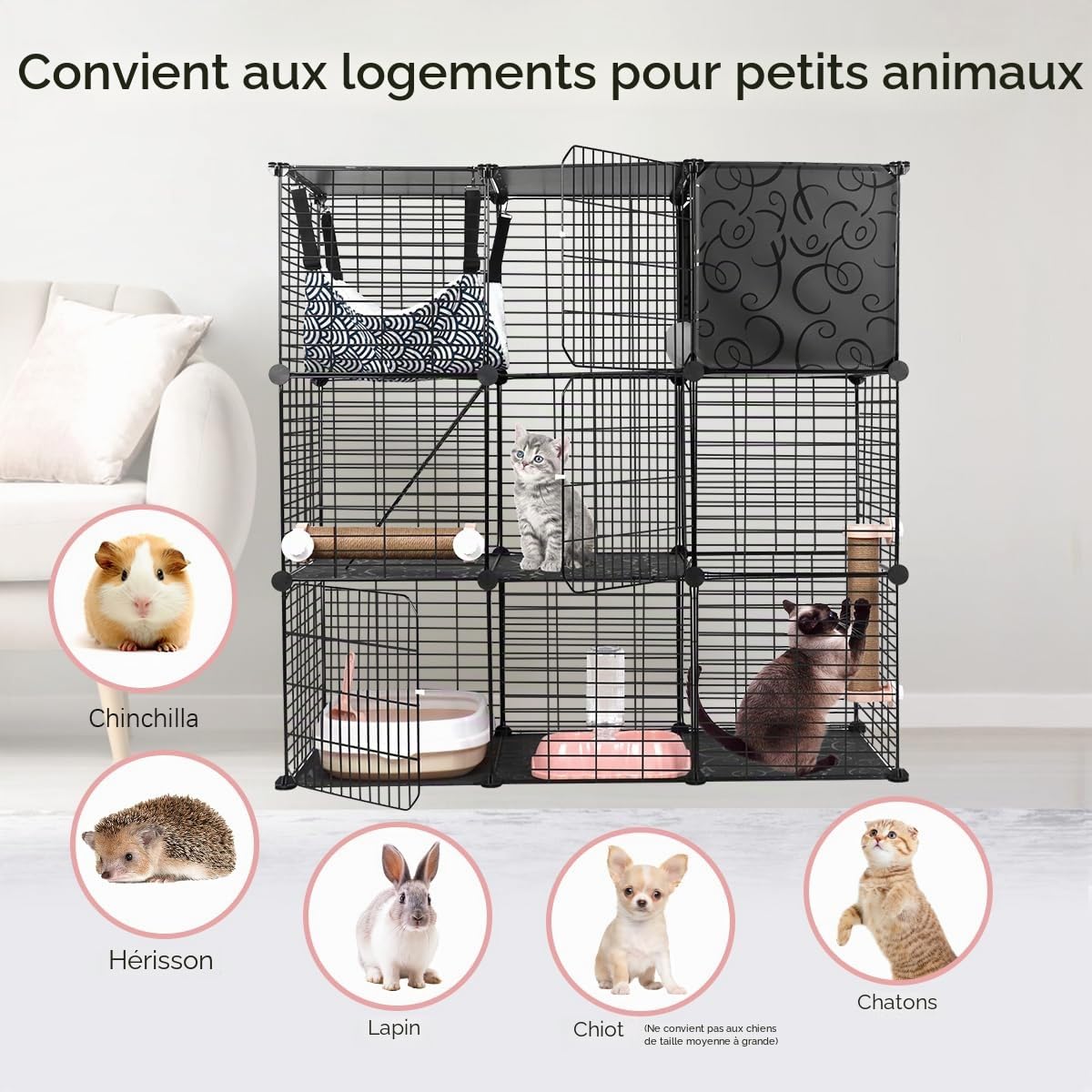 Cage pour Chats Intérieur 3 Niveaux avec Hamac, Maisonnette en Fil Métallique, Bac à Litière, Griffoirs et Escaliers pour 1-2 Chats