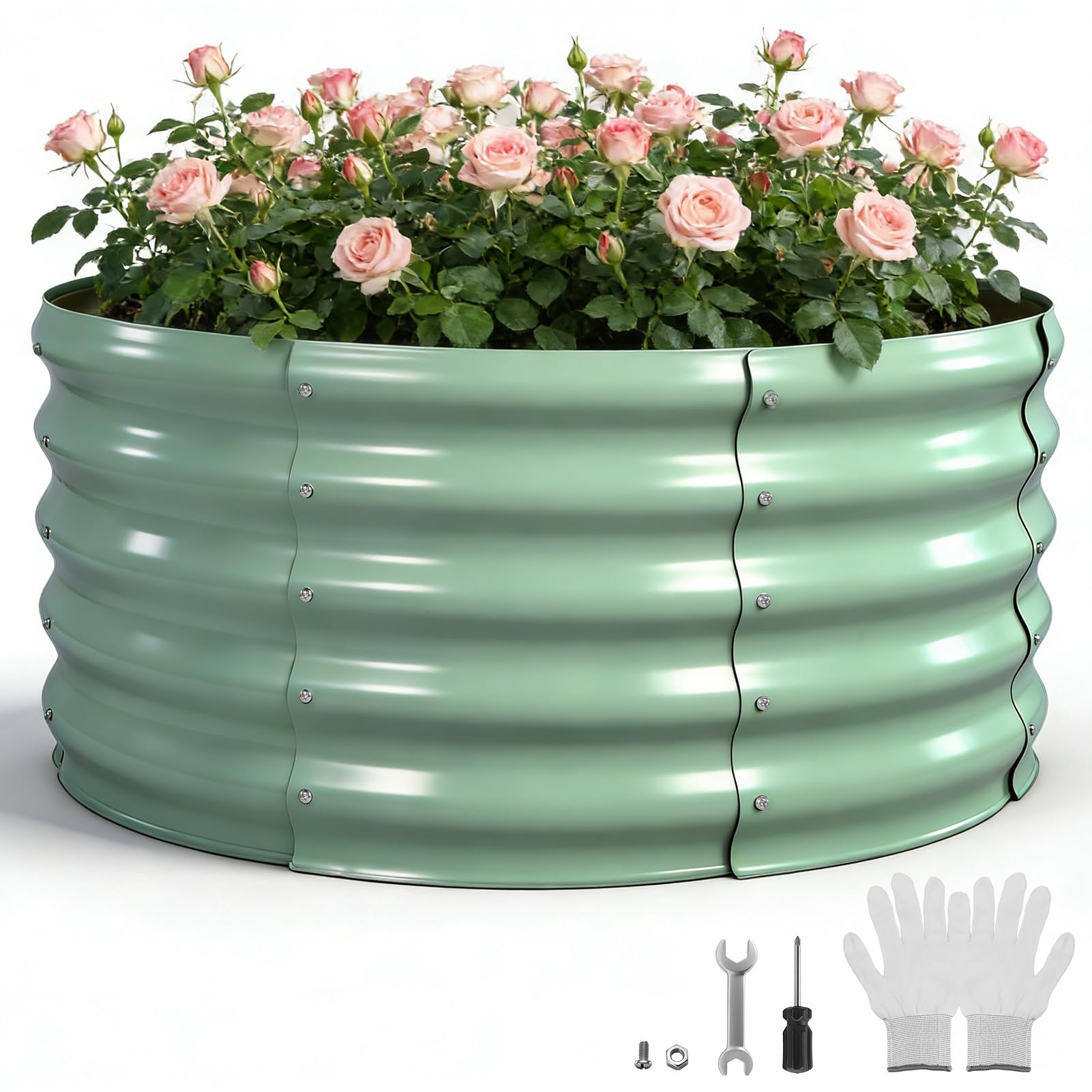 Aiuola rialzata in metallo 90 x 90 x 43 cm, aiuole rialzate in acciaio zincato per il giardino, aiuola per orto, aiuola rialzata per verdure, erbe aromatiche, fiori, verde chiaro, rotonda